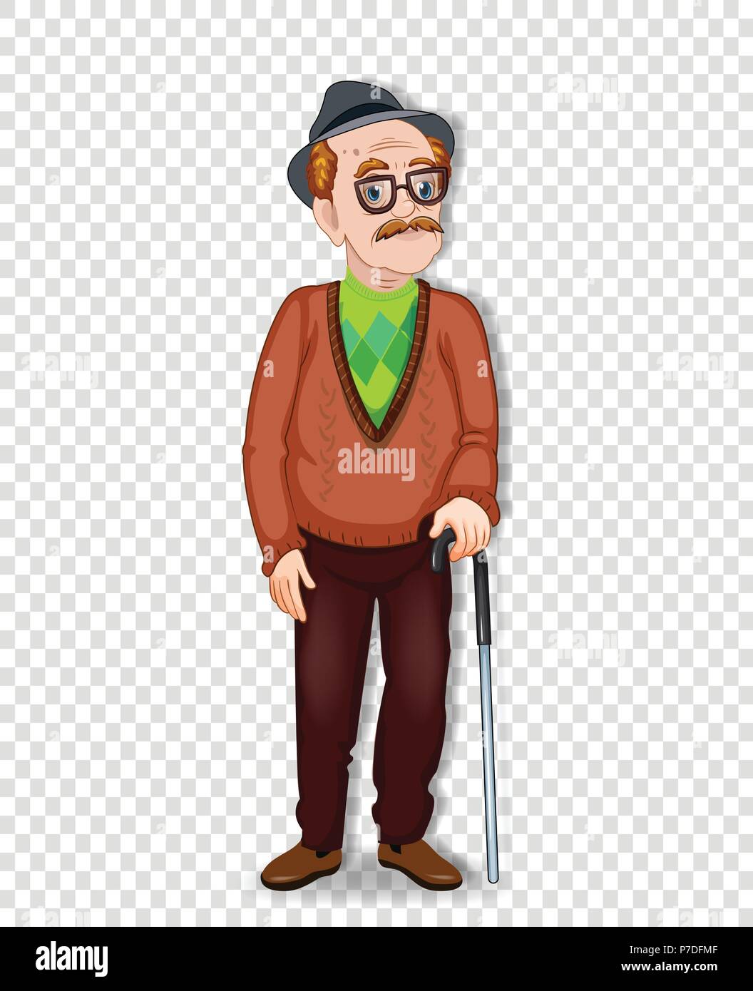 Cartoon Vector illustration d'un vieil homme de caractère. Un vieil homme pleine longueur avec des lunettes et canne wearing hat isolé sur fond transparent Illustration de Vecteur
