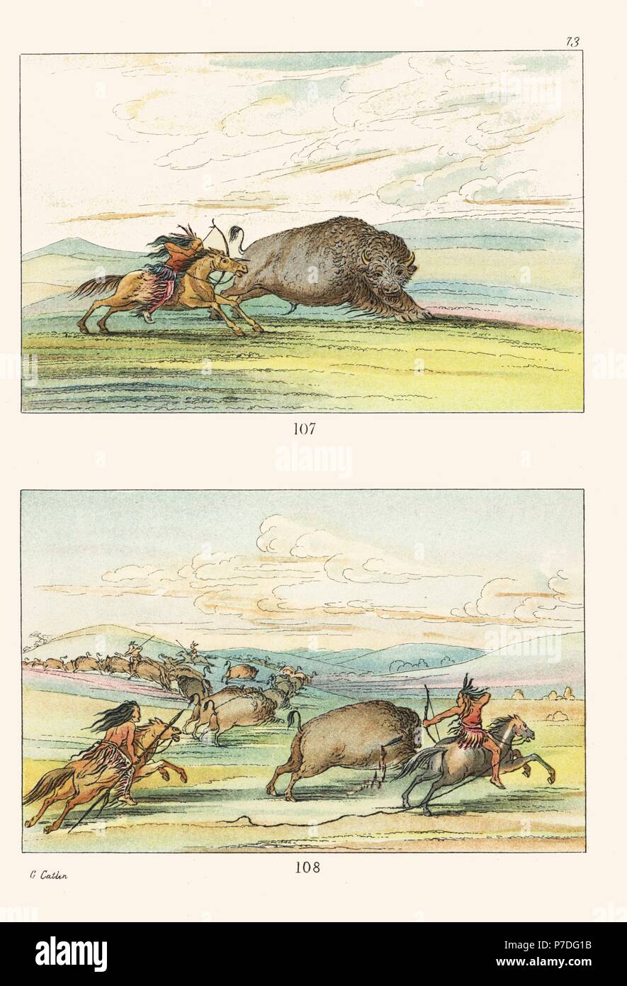 Native American Buffalo Bisons ou une chasse à l'arc et la flèche, 107 et partie de chasseurs avec lance, arc et lasso séparant une les bisons du troupeau 108. Lithographie coloriée de George Catlin's Manners, les douanes et l'état des Indiens d'Amérique du Nord, Londres, 1841. Banque D'Images