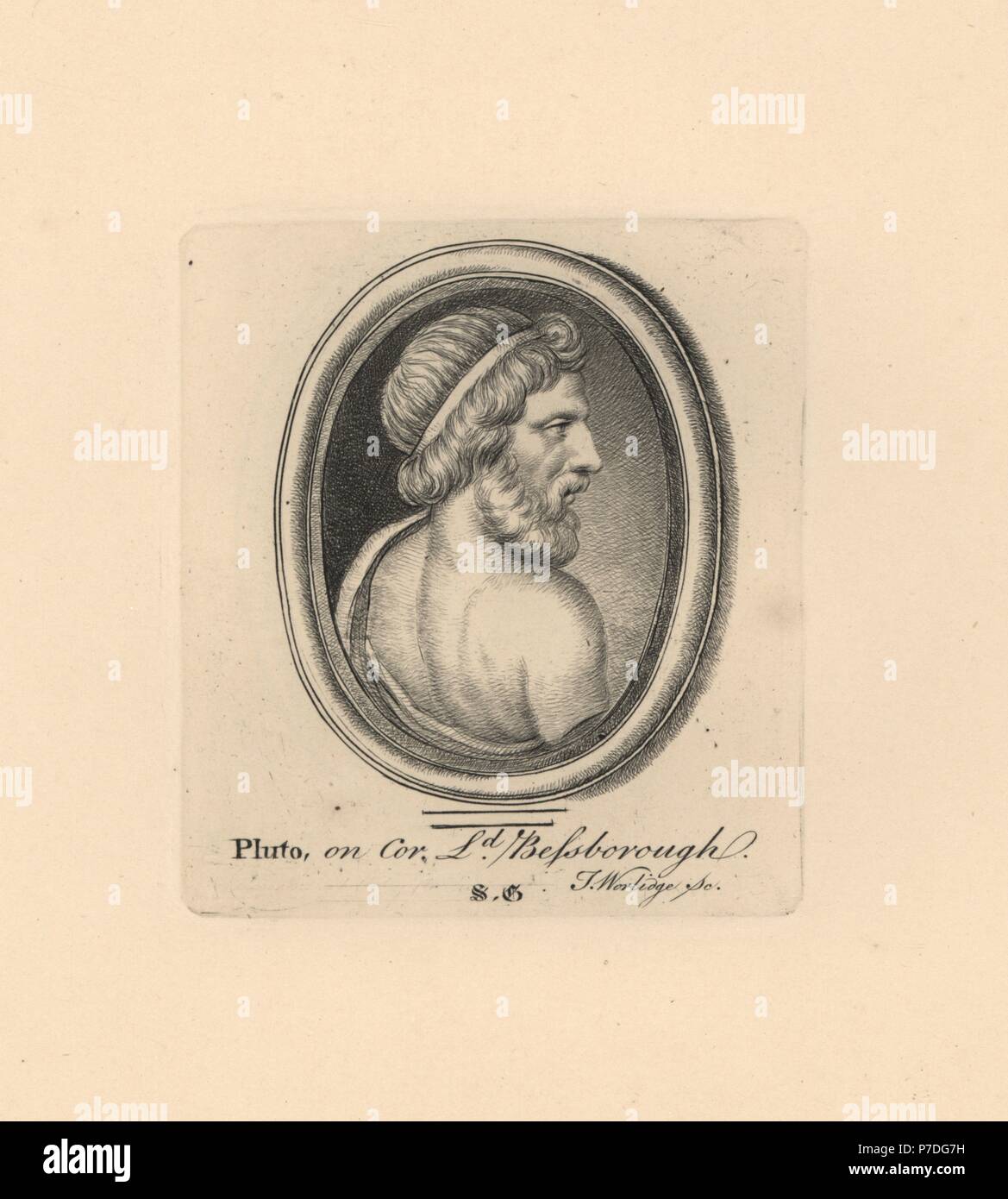 Portrait de Pluton, maître de l'Underworld dans la mythologie classique, sur cornaline à Lord Bessborough's collection. La gravure sur cuivre par Minerve éclairant de James Vallentin's cent huit gravures de pierres antiques, 1863. Banque D'Images
