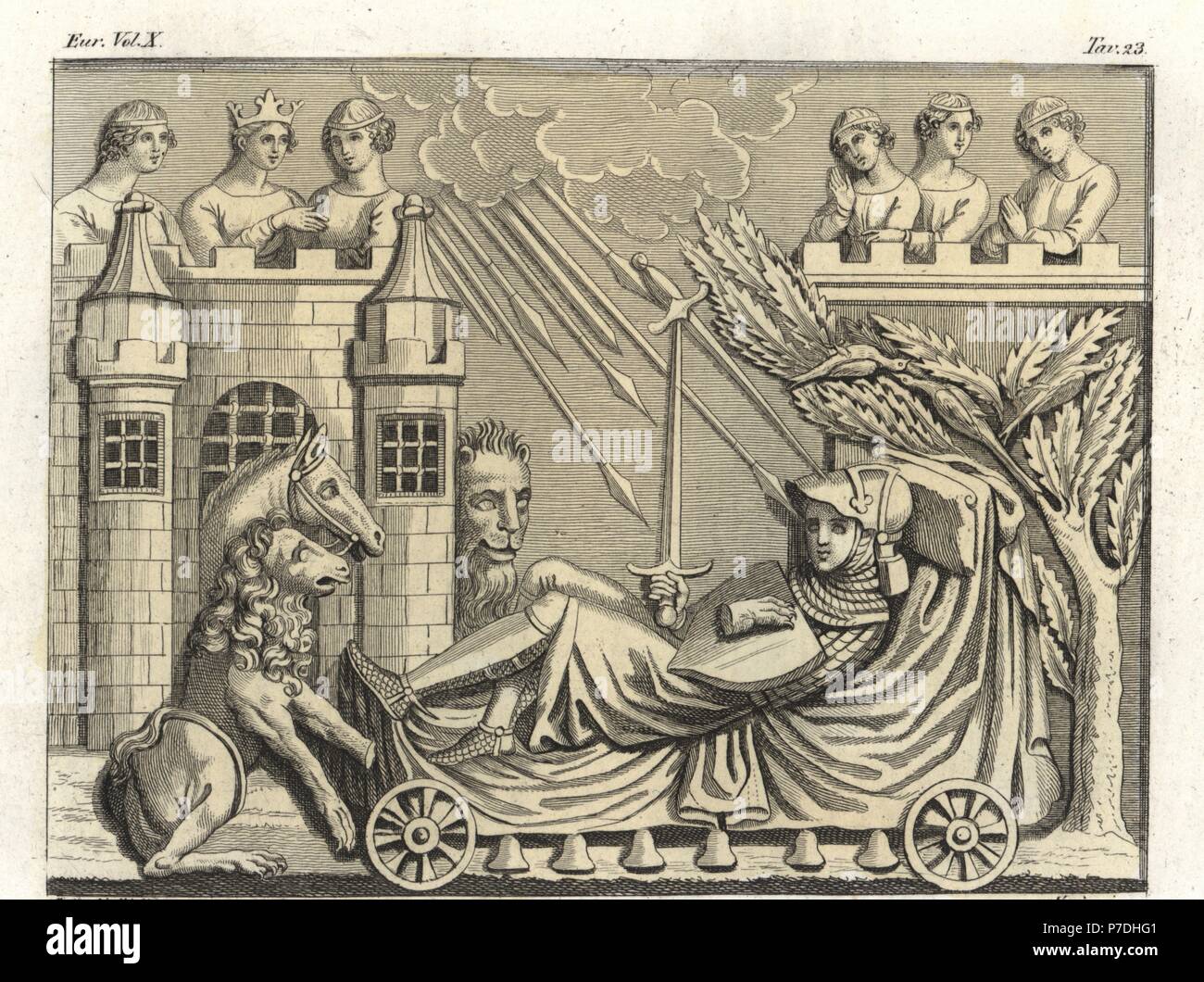 Premier bas-relief d'un sarcophage du 12e siècle : le rêve d'un chevalier  de dormir sur un lit à roulettes et les cloches sous un château rempart  avec la reine et les dames,