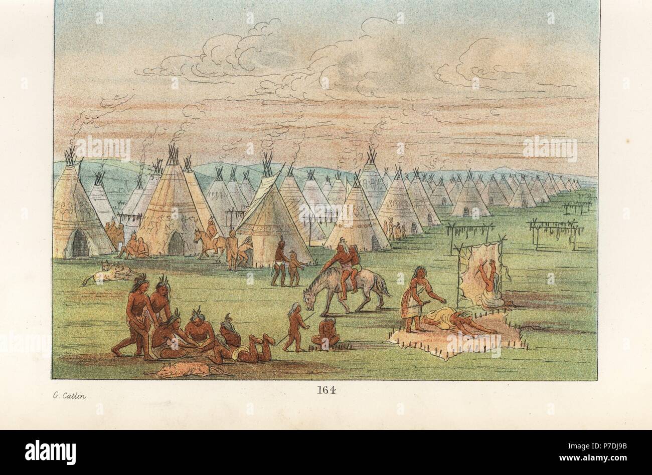 Comanche village de tipis 600 avec le chef's tipi en premier plan, les femmes séchage de la viande et des peaux de bisons de grainage. Lithographie coloriée de George Catlin's Manners, les douanes et l'état des Indiens d'Amérique du Nord, Londres, 1841. Banque D'Images