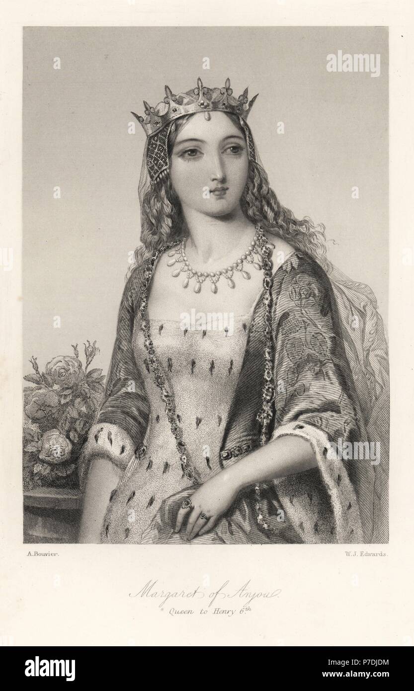 Marguerite d'Anjou, reine du Roi Henri VI d'Angleterre. Gravure sur acier par W.J. Edwards après un portrait par A. Bouvier de Mary Howitt Biographical Sketches of the Queens of England, Vertu, Londres, 1868. Banque D'Images