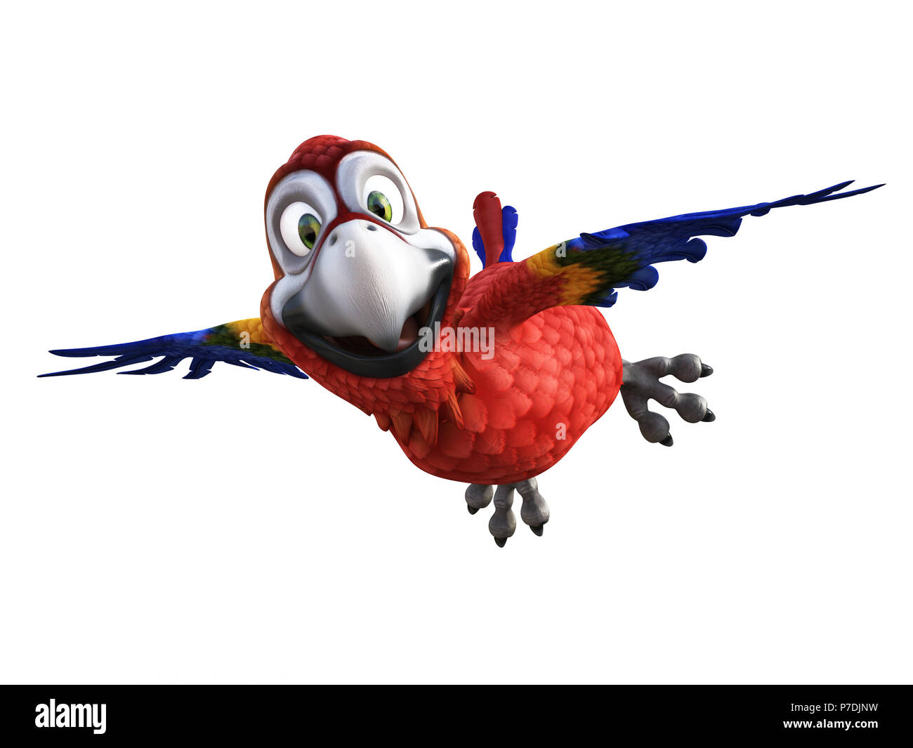 Le rendu 3D de cartoon parrot en vol avec ses ailes, souriant et à la très heureux. Arrière-plan blanc. Banque D'Images