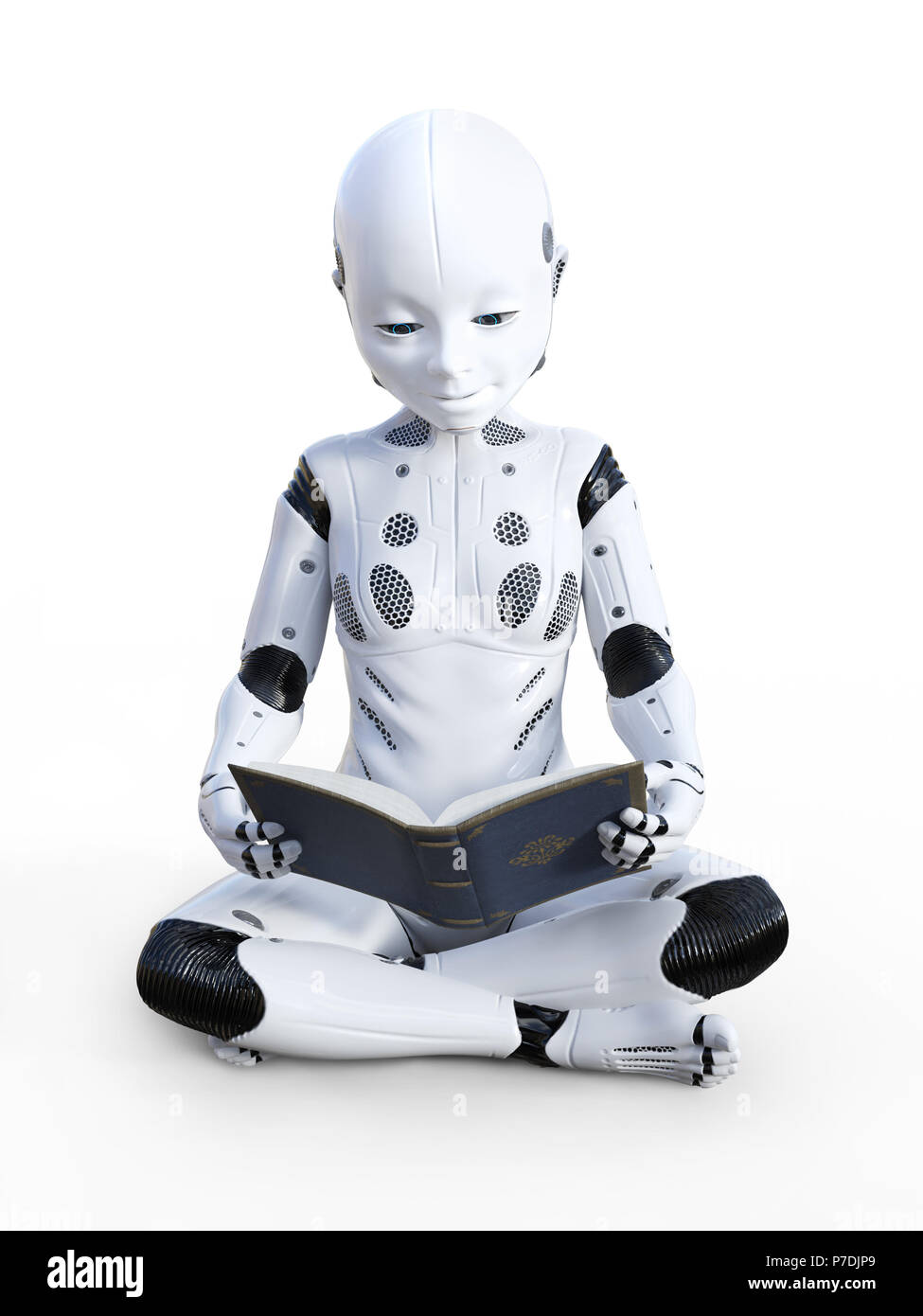 Le rendu 3D de l'enfant robot assis sur le plancher et la lecture d'un livre. Arrière-plan blanc. Banque D'Images