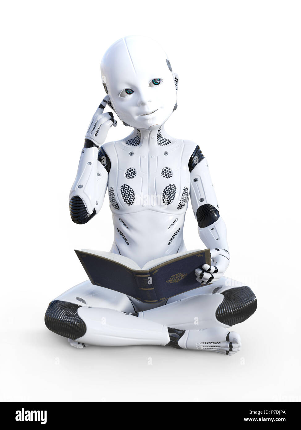 Le rendu 3D de l'enfant robot assis sur le plancher, la lecture d'un livre et à la recherche comme il n'est penser à quelque chose. Arrière-plan blanc. Banque D'Images
