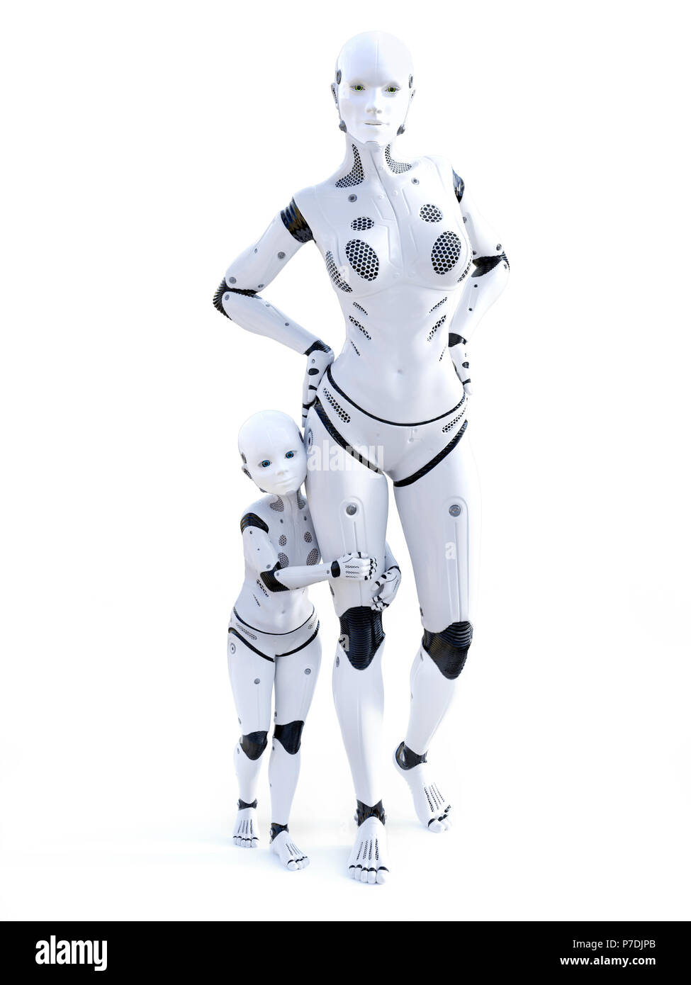 Le rendu 3D d'un robot mère avec son enfant - la famille moderne de l'avenir. Arrière-plan blanc. Banque D'Images