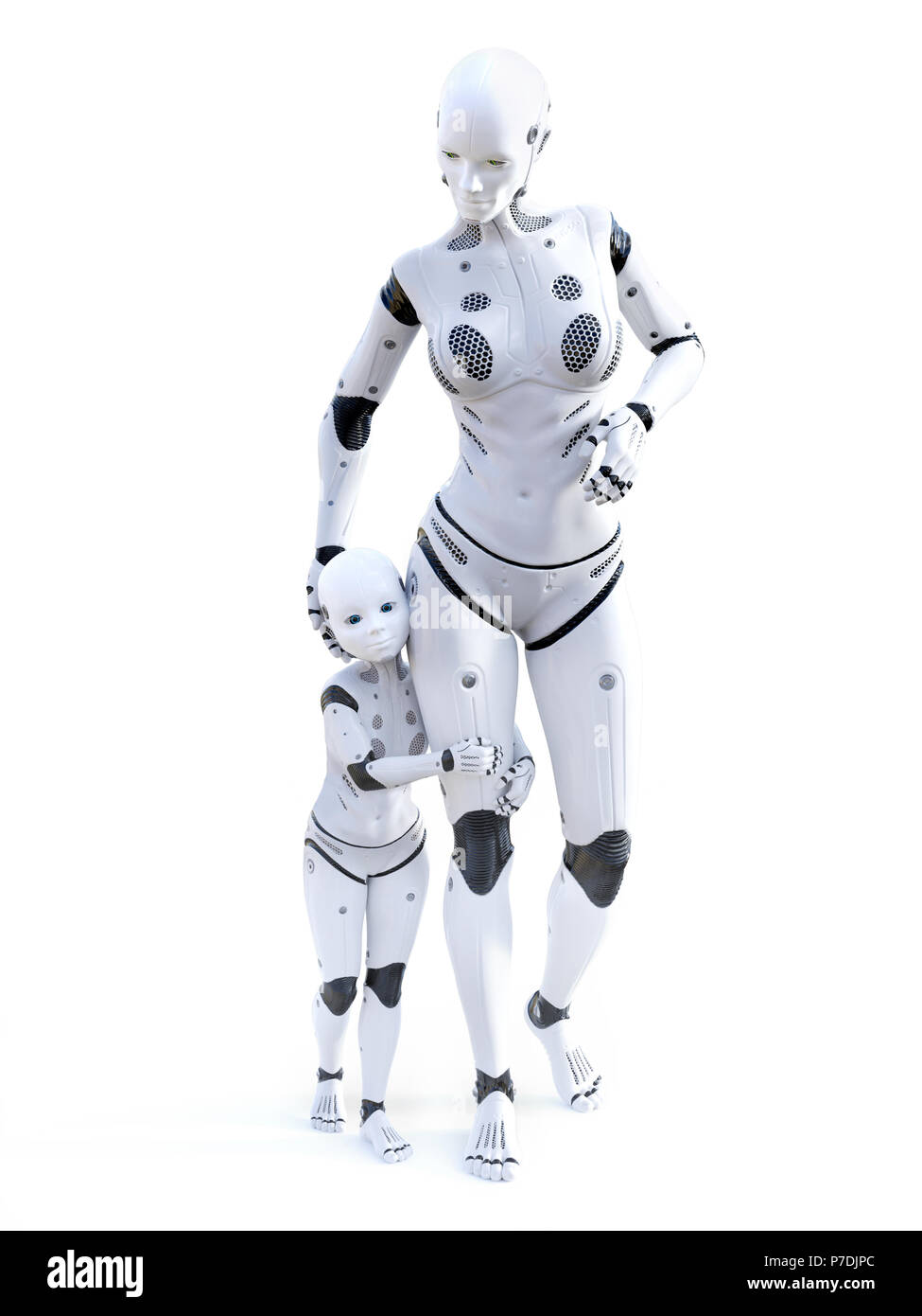 Le rendu 3D d'un robot mère avec son enfant - la famille moderne de l'avenir. Arrière-plan blanc. Banque D'Images