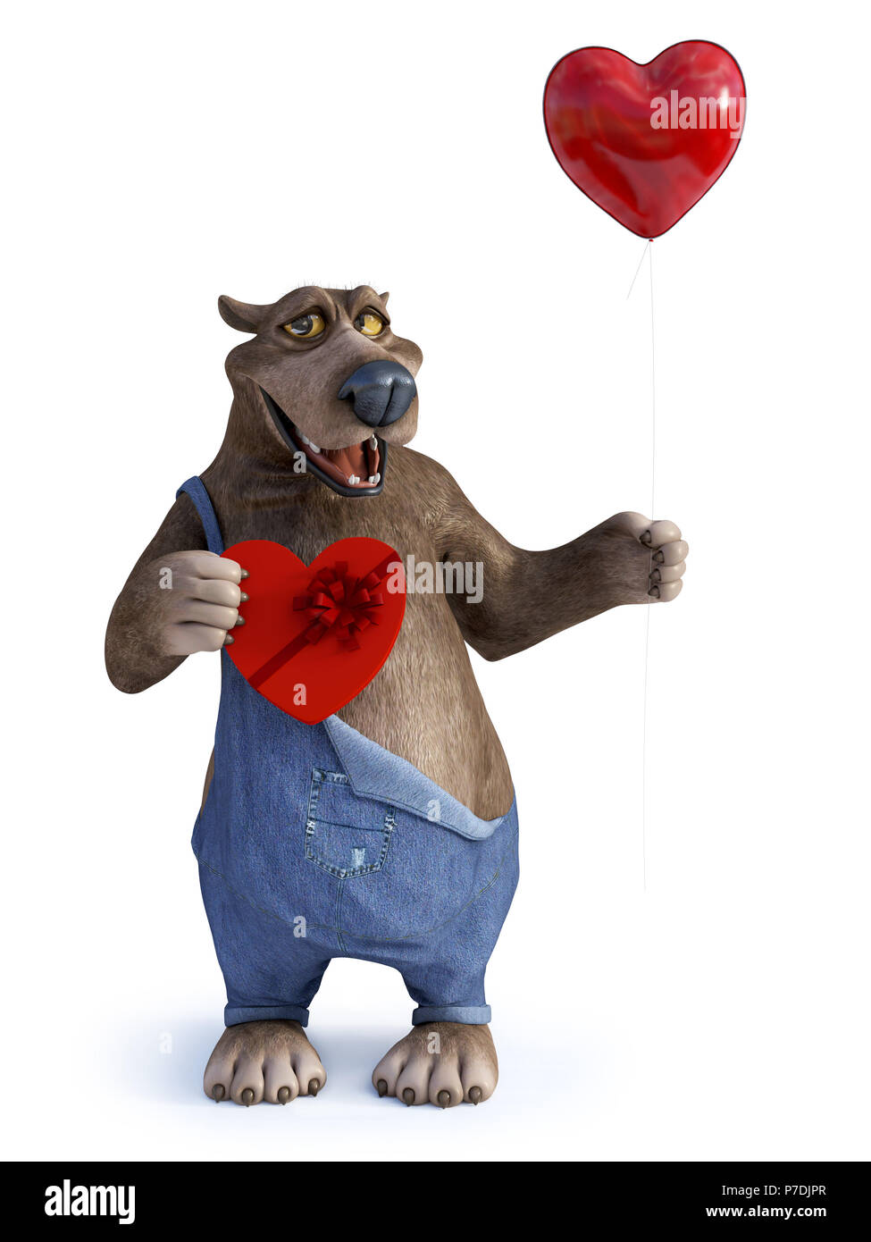 Le rendu 3D d'un charmant sourire cartoon bear holding a ballon rouge dans une main et une boite de chocolat dans l'autre. Prêt pour la St Valentin Banque D'Images