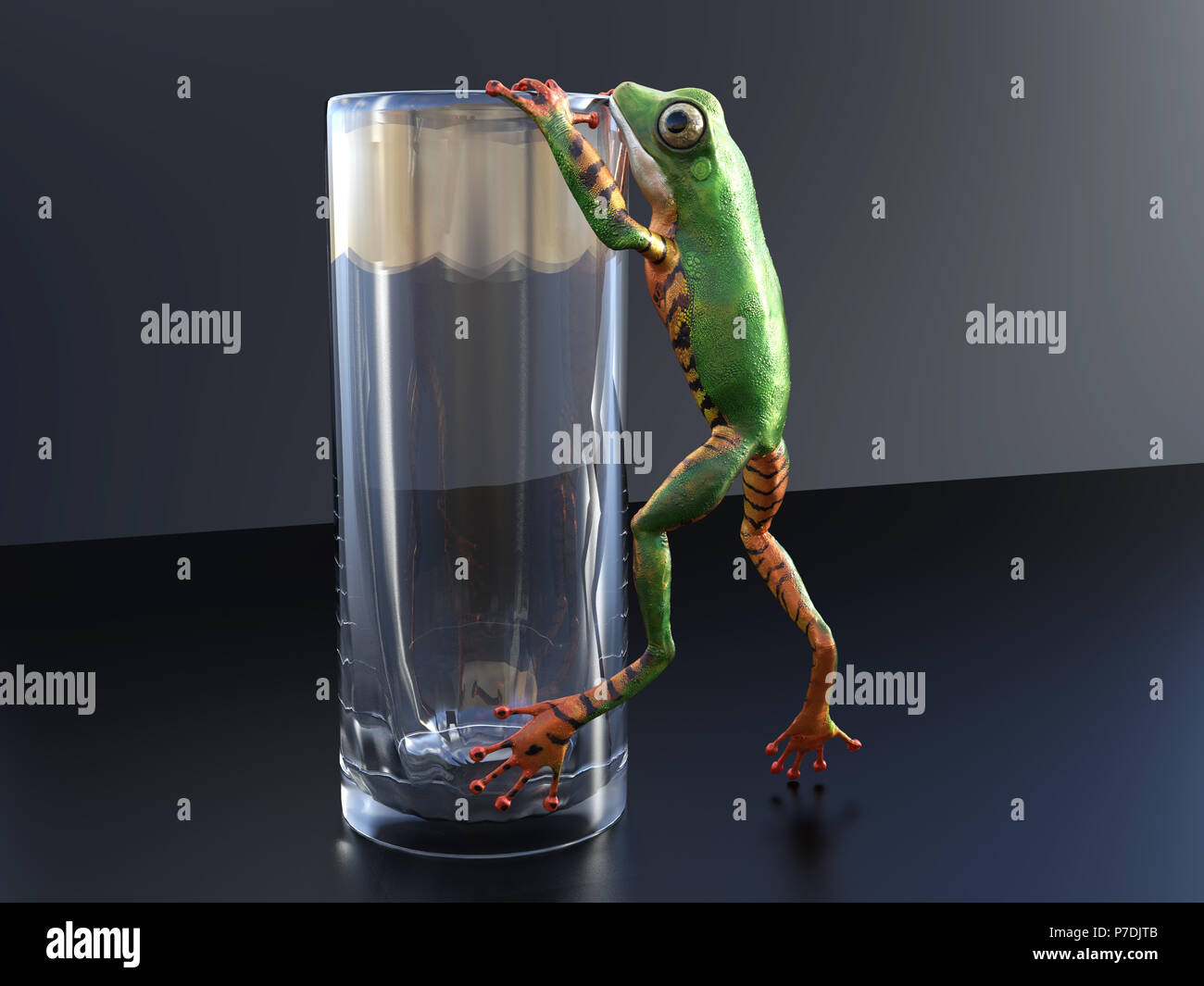 Rendu 3D réaliste d'une couleur orange et vert grenouille d'arbre escalade/accroché à un verre vide. Banque D'Images
