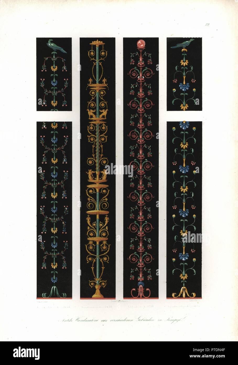 Des peintures murales de divers bâtiments à Pompéi. Lithographie coloriée par Brose après une illustration par Wilhelm Zahn de son ornement de toutes les époques de l'art classique, Ornamente klassischen und Kunst-Epochen, Reimer, Berlin, 1834. Banque D'Images