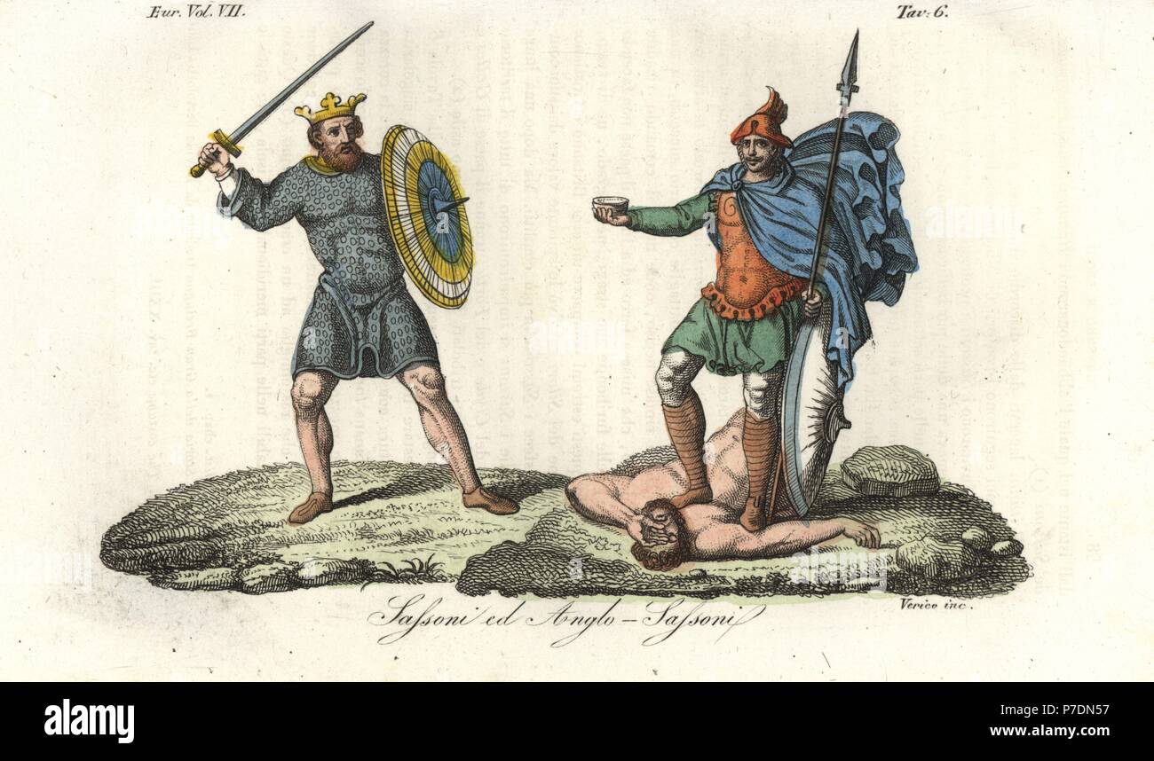 Roi de Saxe en cotte tunique à double tranchant et le bouclier, Et le roi anglo-saxon de l'Heptarchie, 8e siècle, en cuir pectoral debout sur un ennemi vaincu avec une tasse fabriquée à partir d'un crâne humain. La gravure sur cuivre coloriée par Verico de Giulio Ferrario Costumes d'antique et moderne des peuples du monde, Florence, 1847. Banque D'Images