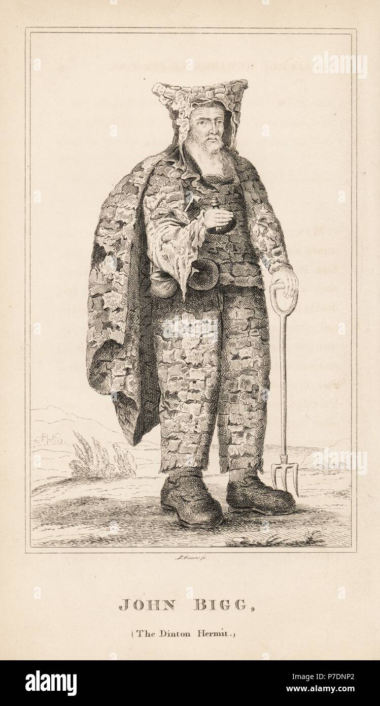 John Bigg, le Dinton hermit, 1629-1696. Il a vécu dans une grotte et portait un manteau en cuir patchwork de morceaux. Gravure de R. tombe de James Caulfield's Portraits, mémoires et caractères de personnes remarquables, Londres, 1819. Banque D'Images