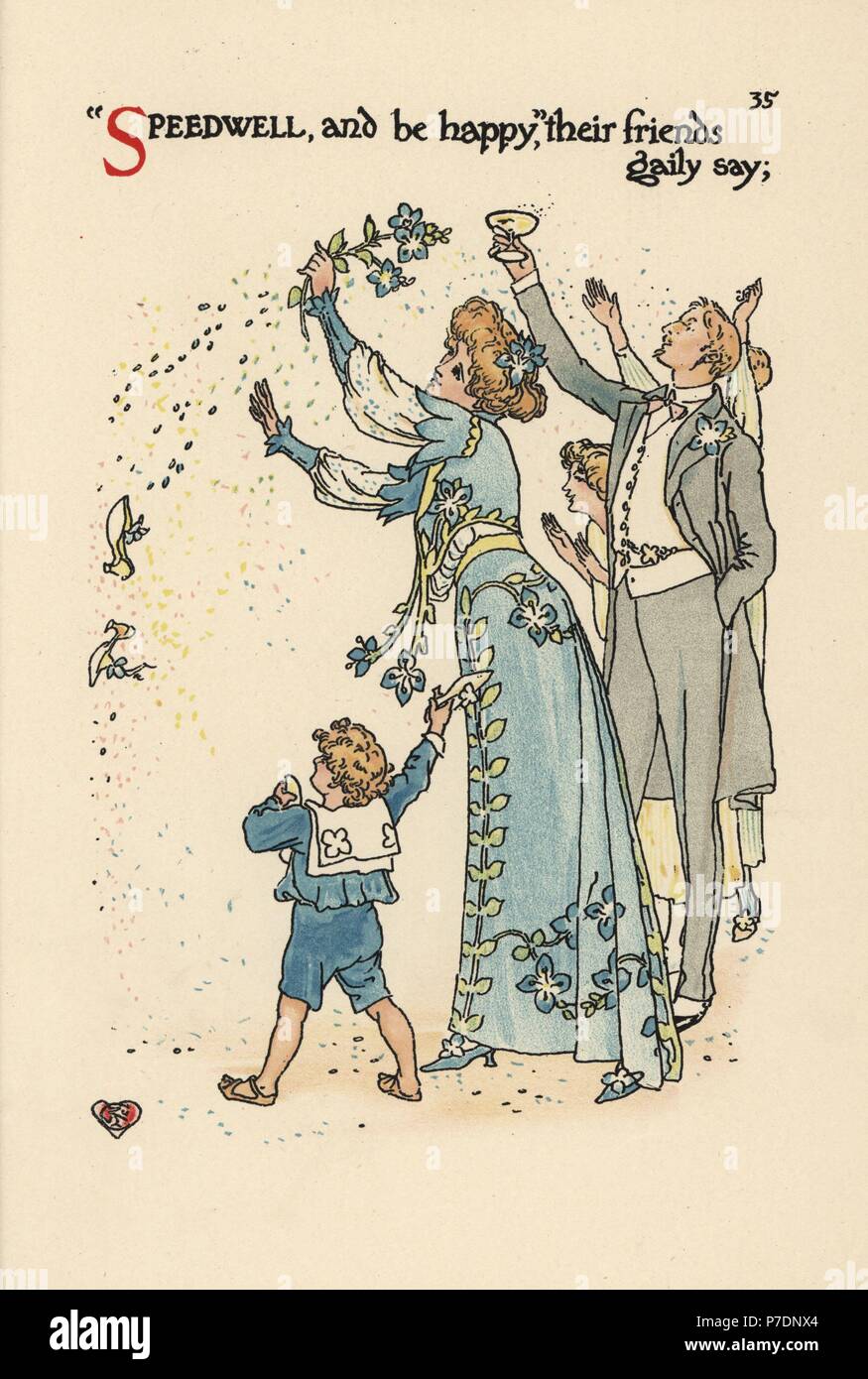 Fleur fée de Speedwell, Veronica chamaedrys, dans l'habillement brodé de fleur et gentleman porter un toast avec le verre à champagne et page dans sailor costume. Chromolithographie après une illustration par Walter Crane à partir d'une fleur Mariage, Cassell, Londres, 1905. Banque D'Images