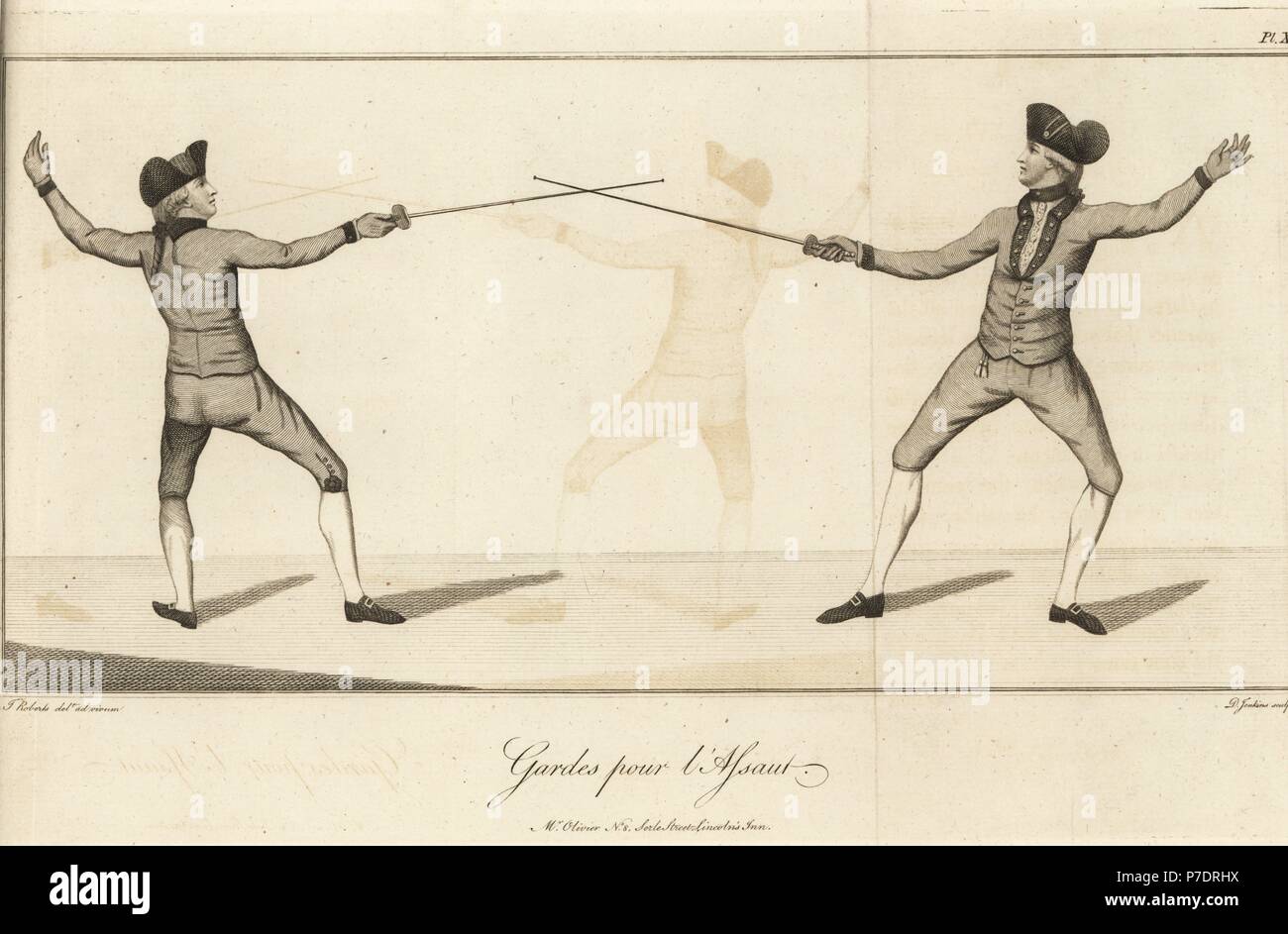 Messieurs les tireurs en garde pour une attaque, 18e siècle. La gravure sur cuivre par D. Jenkins après une illustration tirée de la vie de J. Roberts, de M. J. Olivier a appris l'escrime, ou un nouveau traité sur l'Art de l'Épée Jouer, John Bell, Londres, 1771. Banque D'Images