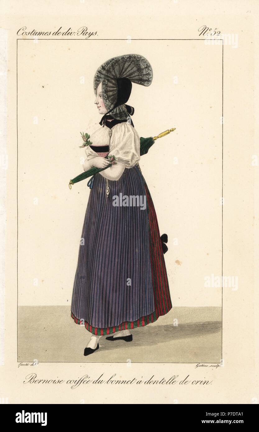 Femme de Berne dans un bonnet de dentelle de crin, Suisse, 19e siècle. La  dentelle bonnet ressemble à un cockscomb, et contraste avec l'élégante  simplicité de sa chemise, corsage, tablier et jupon.
