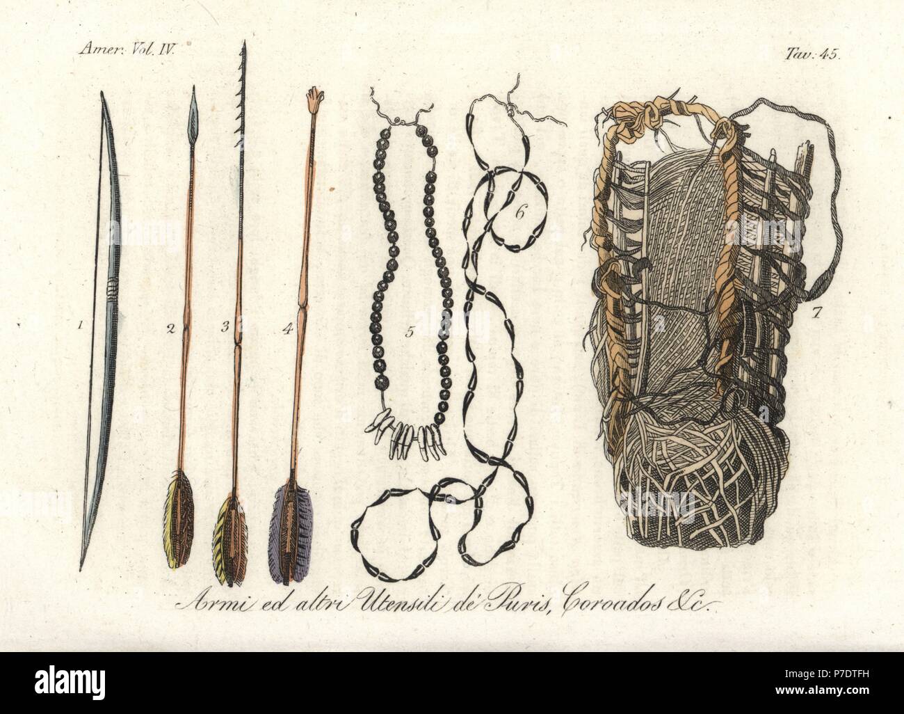 Armes et ustensiles de la disparue et Puri Coroados, gens de Paraíba, Brésil, y compris l'arc, flèche, collier et sac fait de vignes et des branches. Coloriée à la gravure sur cuivre de Giulio Ferrrario Costumes d'Antique et de moderne de tous les peuples (Il Costume Antico e Moderno di tutti i Popoli), Florence, 1842. Banque D'Images