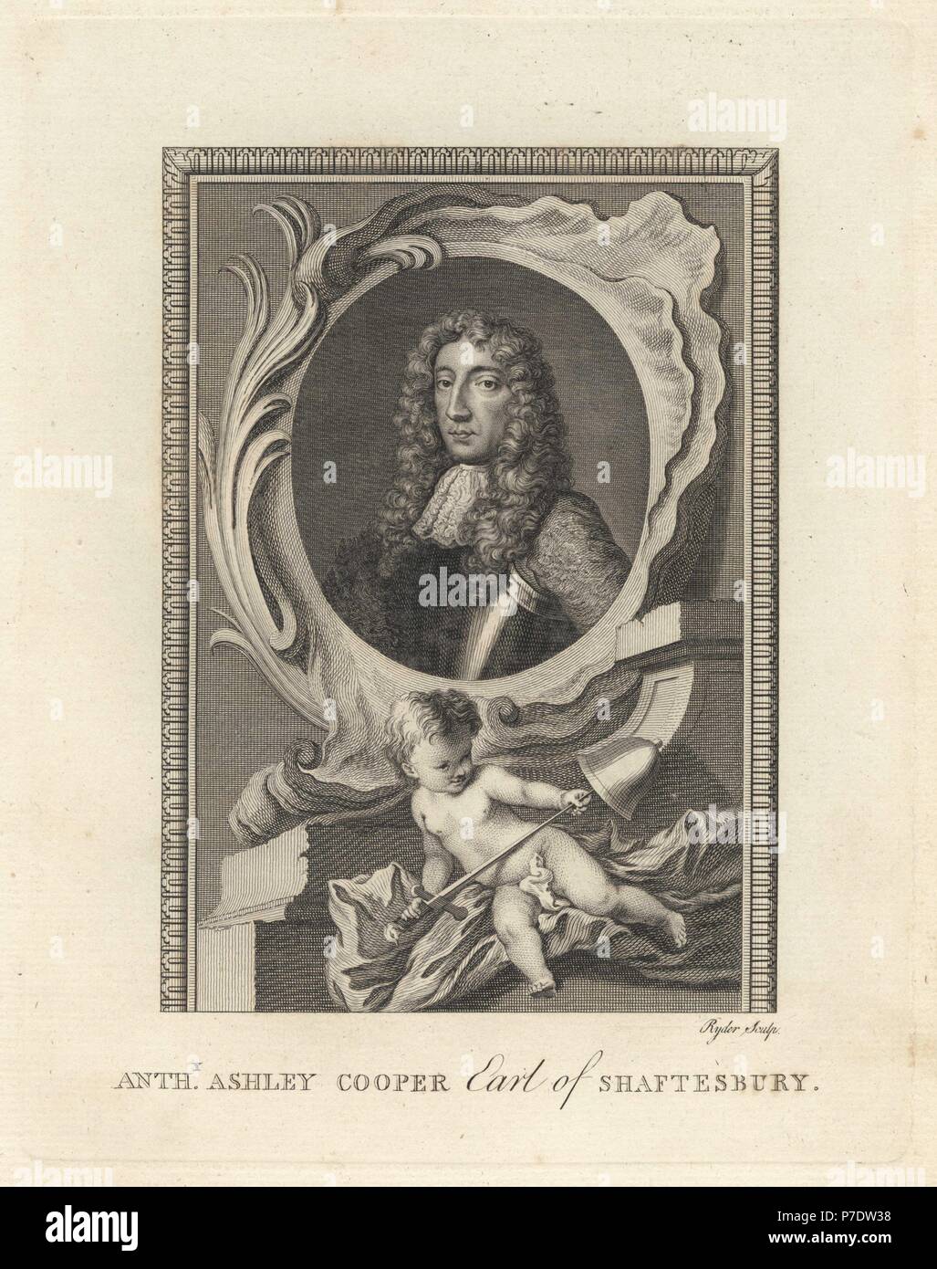 Portrait de Sir Anthony Ashley Cooper, comte de Shaftesbury, homme politique français, 1621-1683. Dans un ovale, avec putto, épée et Bell. La gravure sur cuivre par Ryder à partir de la plaque de cuivre Magazine mensuel ou trésor, G. Kearsley, Londres, 1778. Banque D'Images