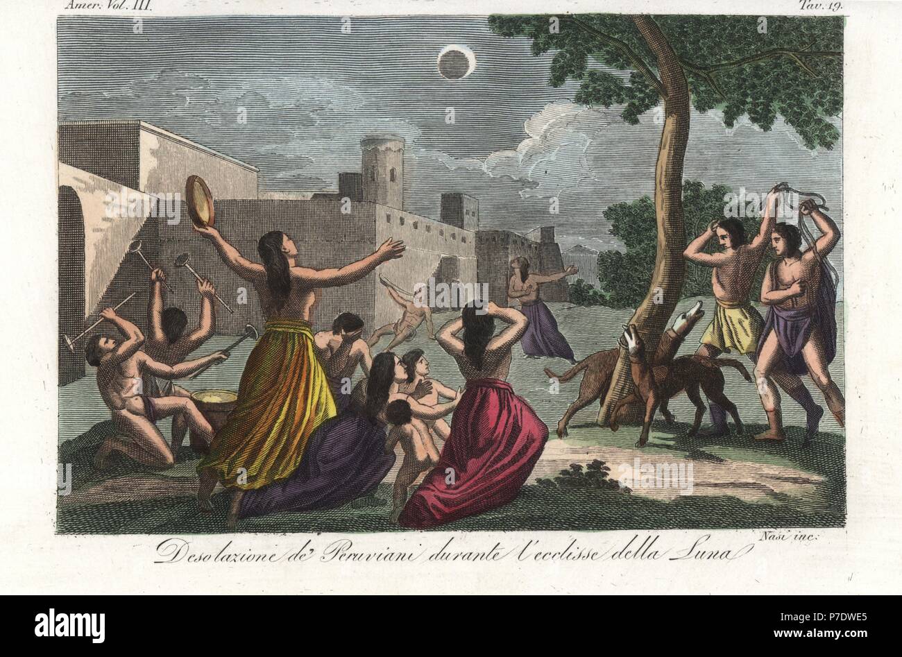 Le désespoir de l'Incas du Pérou d'adoration du soleil durant une éclipse lunaire. Le peuple des tambours et tambourins bang, fouetter les chiens et crier pour prévenir l'eclipse. La gravure sur cuivre coloriée par Nasi de Giulio Ferrrario Costumes d'Antique et de moderne de tous les peuples (Il Costume Antico e Moderno di tutti i Popoli), Florence, 1842. Banque D'Images