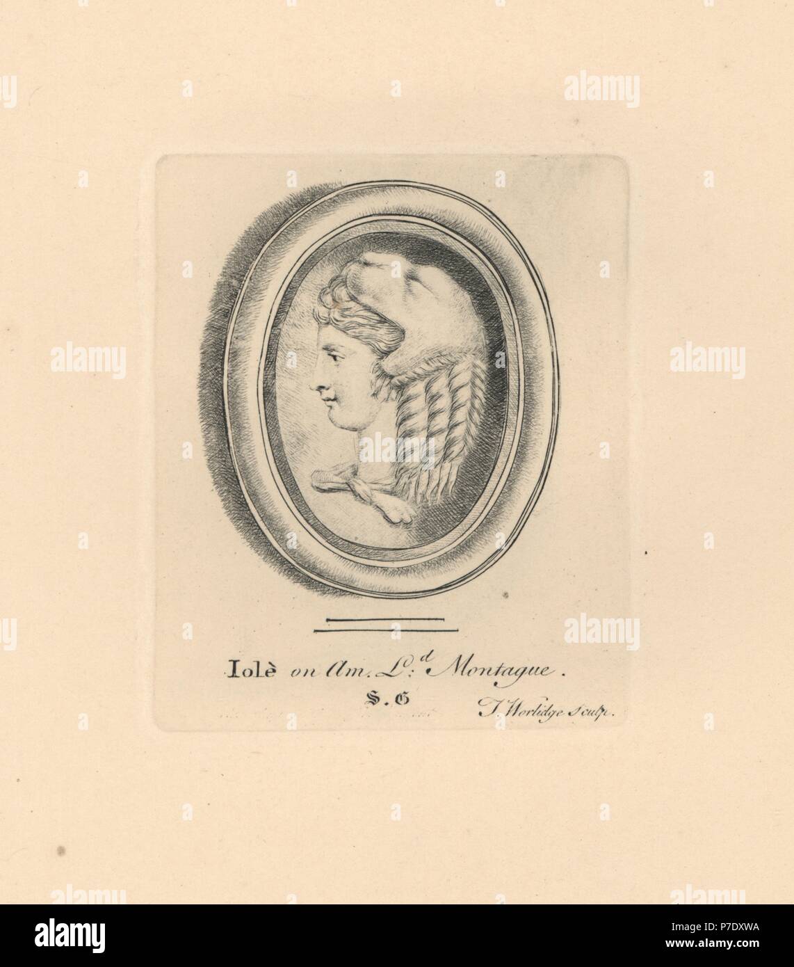 Portrait d'Iole, fille d'Eurytus, séducteur d'Hercule dans la mythologie grecque, sur l'améthyste de Lord Montague's collection. Elle porte le lion de Némée cuir chevelu sur sa tête. La gravure sur cuivre par Minerve éclairant de James Vallentin's cent huit gravures de pierres antiques, 1863. Banque D'Images