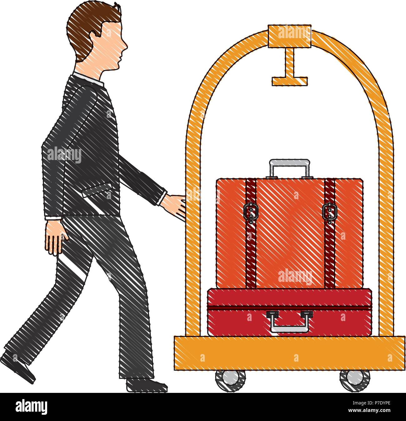 L'homme avec des valises hôtel chariot à bagages vector illustration ...
