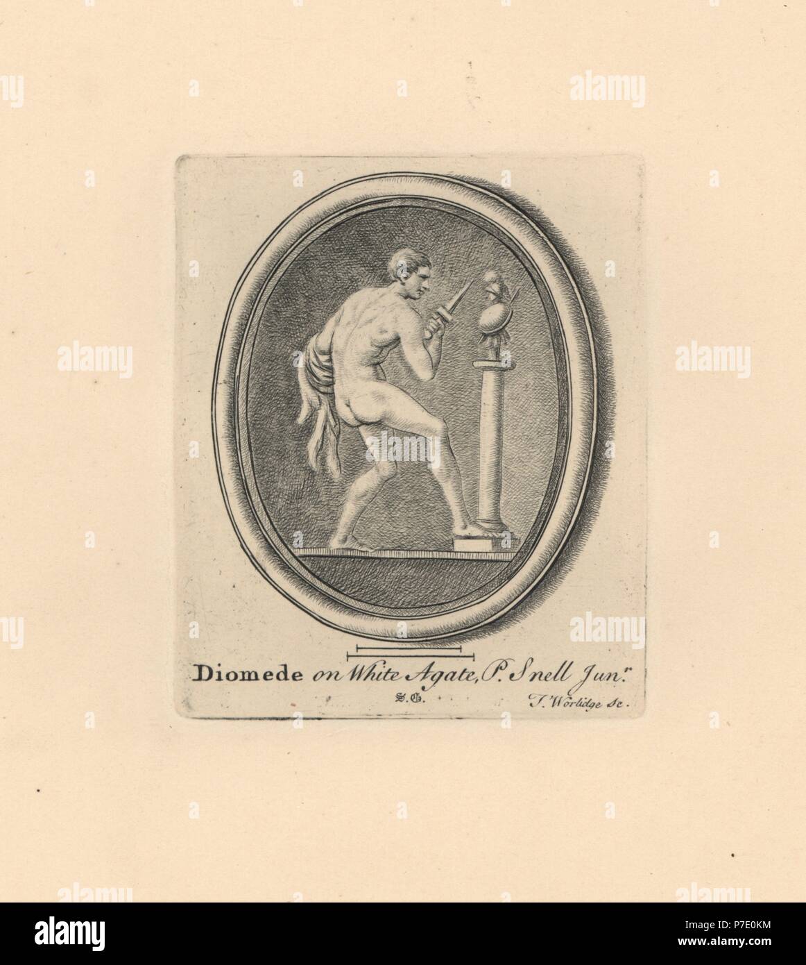 Portrait de Diomède, guerrier héros dans l'Iliade, avec petite épée et manteau avant une statue, sur agate blanche de la collection de P. Snell Jr. gravure sur cuivre par Minerve éclairant de James Vallentin's cent huit gravures de pierres antiques, 1863. Banque D'Images