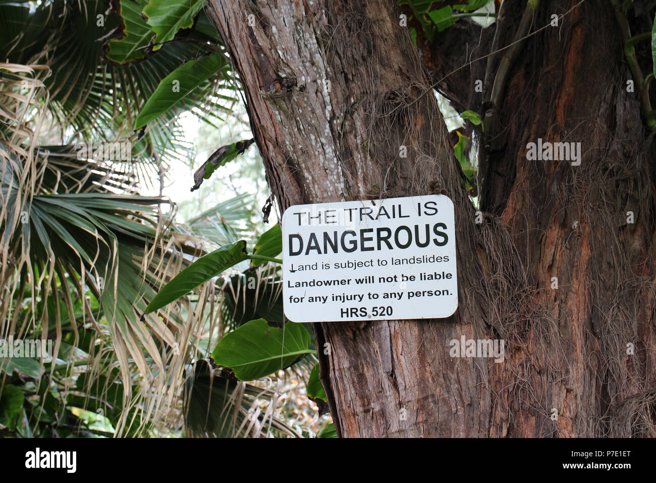 Panneau d'avertissement au début du sentier menant à la plage de sable rouge, Kaihalulu Bay, dans Hana, Maui, Hawaii, USA Banque D'Images