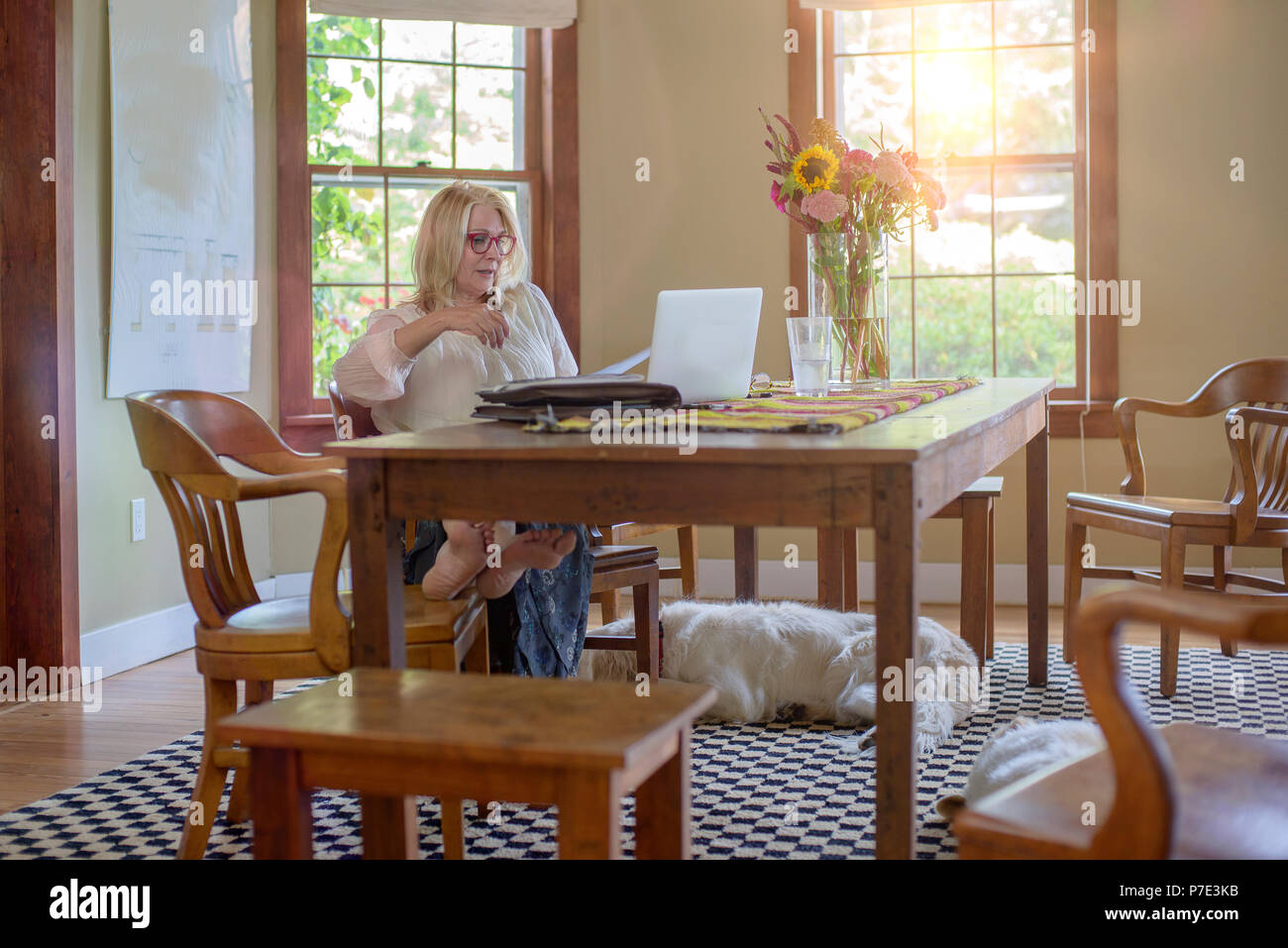 Woman at table using laptop computer Banque D'Images