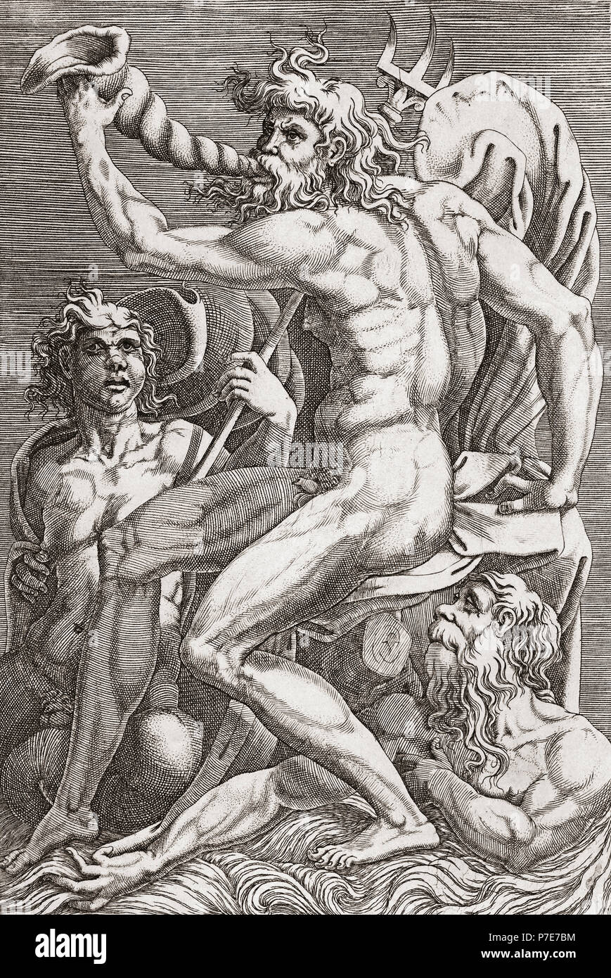 Neptune. Après une gravure du 16ème siècle. Neptune était le dieu romain de la mer, et aussi des chevaux. Banque D'Images