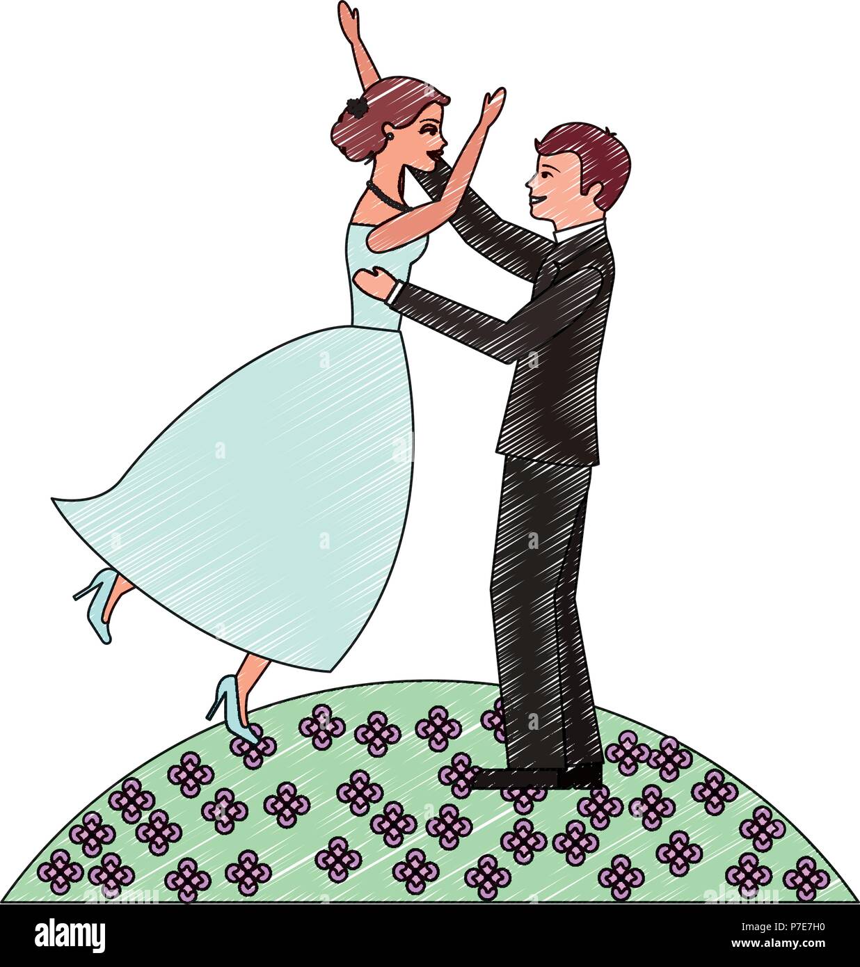 Jeunes mariés célébrant la journée de mariage dans le domaine des fleurs vector illustration Illustration de Vecteur