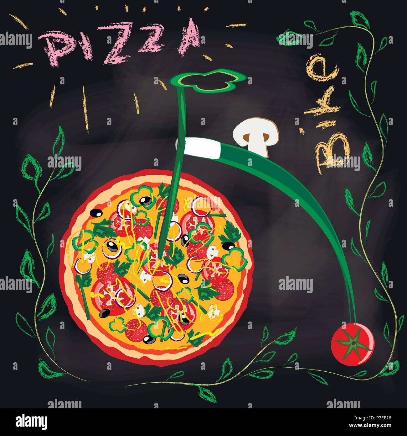 Poster pizza vélo sur un fond noir avec des inscriptions sur un tableau noir Illustration de Vecteur