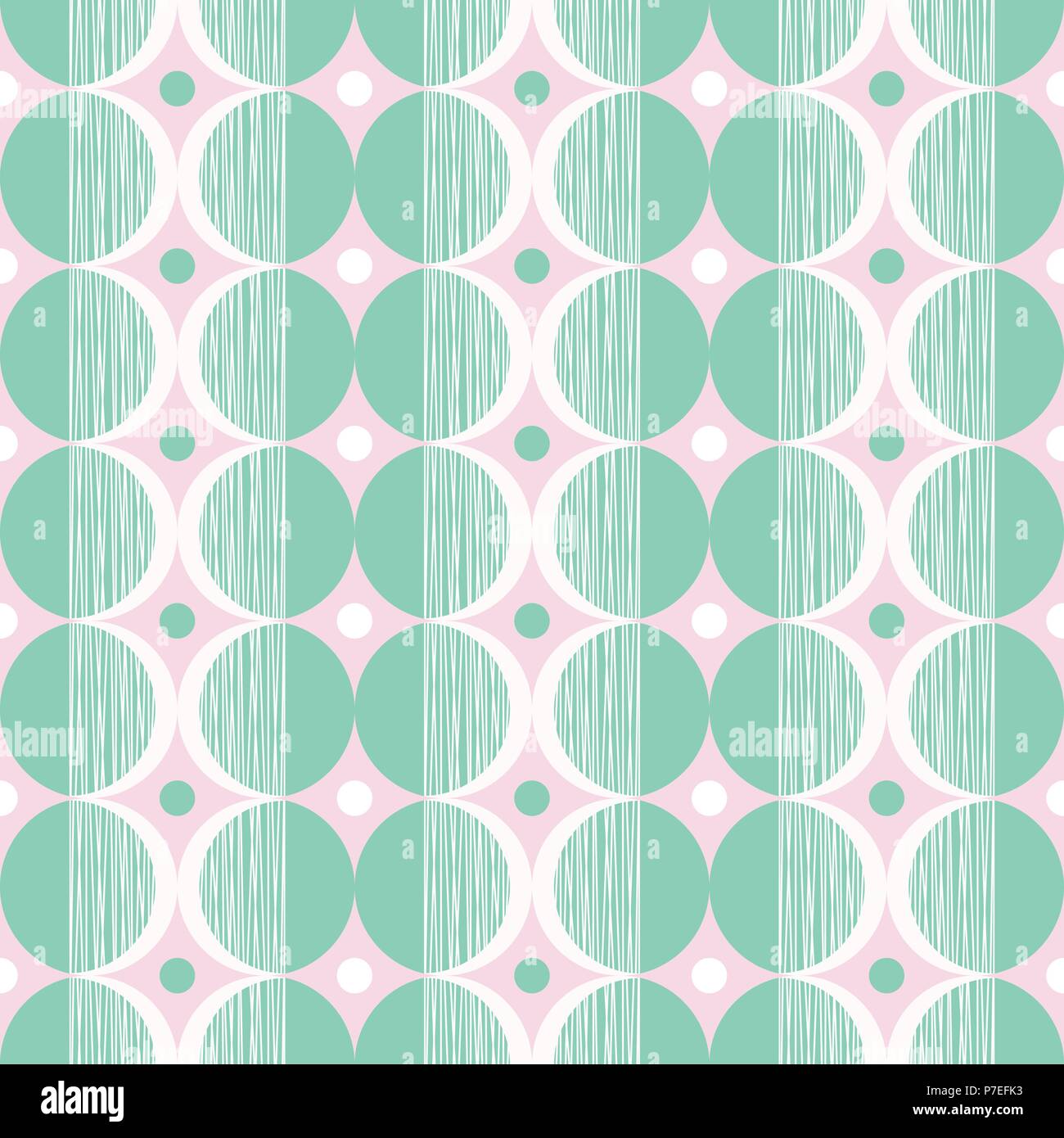 Vecteur de Style Mod rétro Motif transparente à la menthe et crème cercles texturés sur fond rose. Frais et élégant graphique géométrique Résumé Imprimer. Illustration de Vecteur