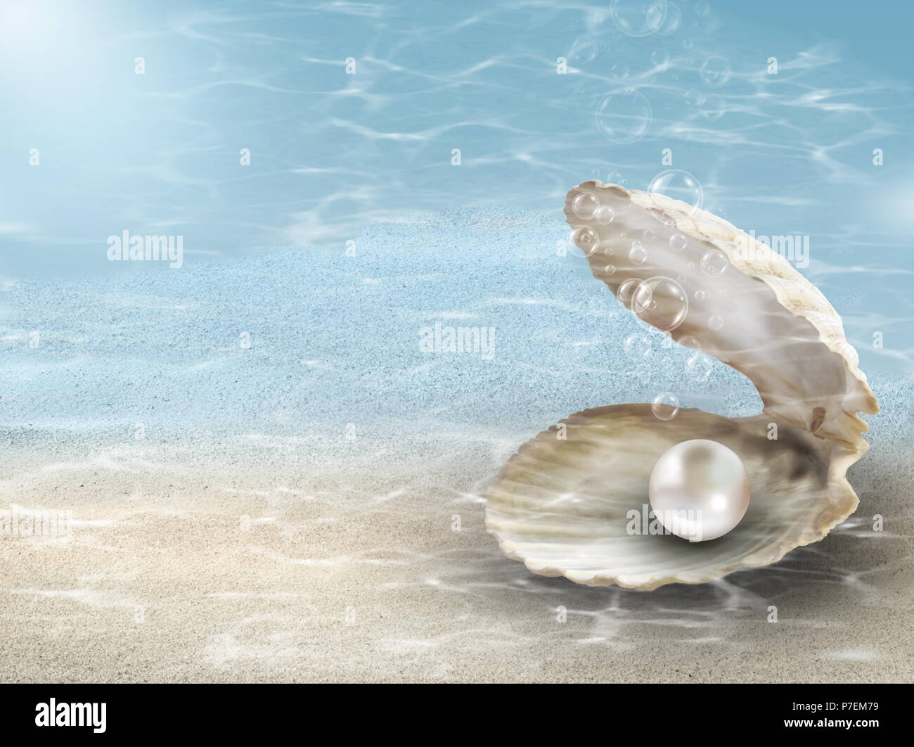 Arrière-plan avec perle nacrée unique brillant rose pearl de coquille d'huître sous mer océan bleu ondulations Banque D'Images