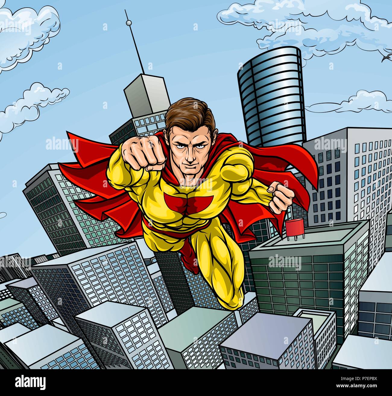 Caped Flying Super Hero City Scene Illustration de Vecteur