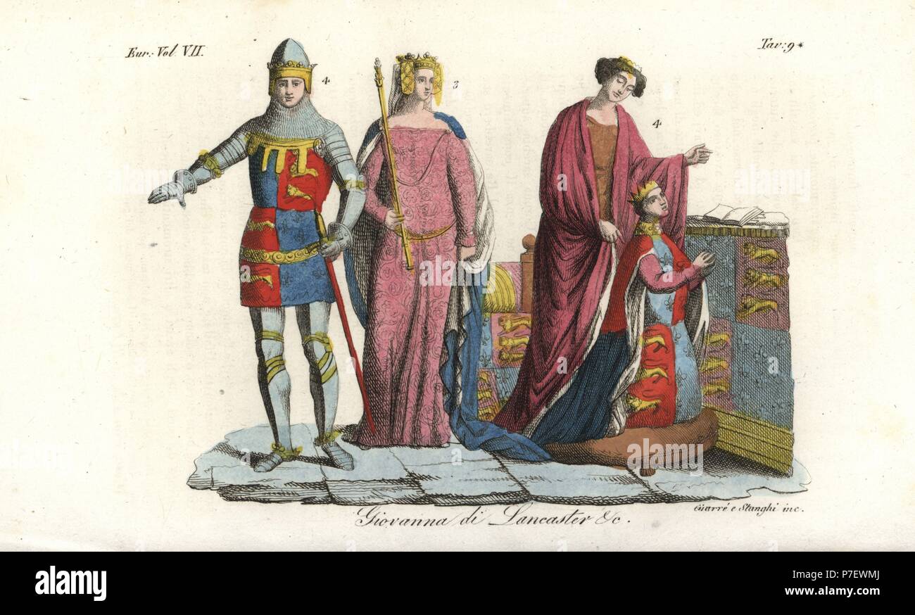 Edward le Prince Noir (à genoux) et Joan de Kent 4, la Reine Philippa de Hainault avec sceptre et couronne 3, et le roi Richard II en cotte de maille et l'armure de plaque 4. La gravure sur cuivre coloriée par Giarre et Stanghi de Giulio Ferrario Costumes d'antique et moderne des peuples du monde, Florence, 1847. Banque D'Images