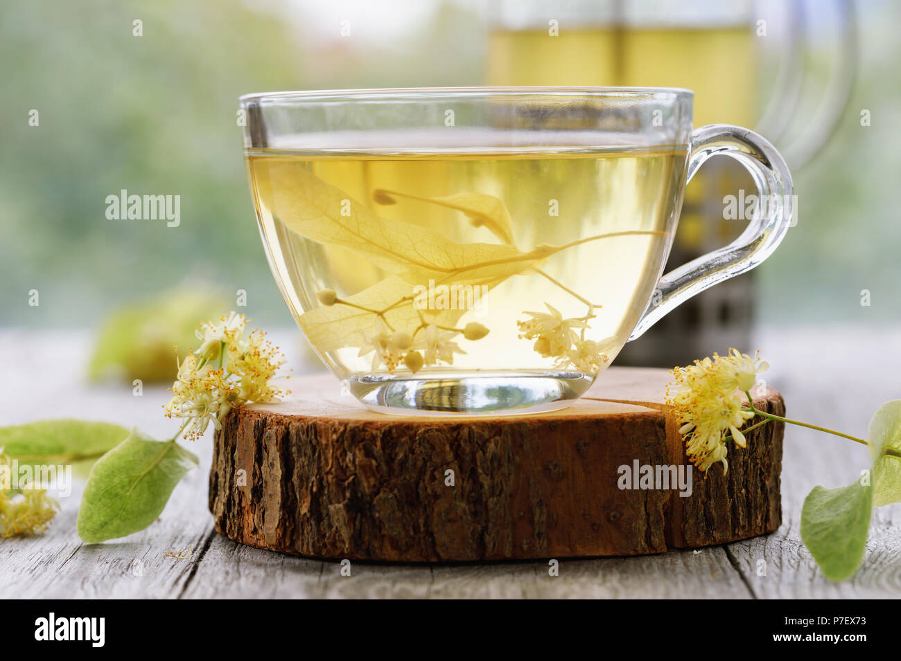 Tasse de thé de feuilles de tilleul dans plats transparent sur un support en bois, close-up Banque D'Images