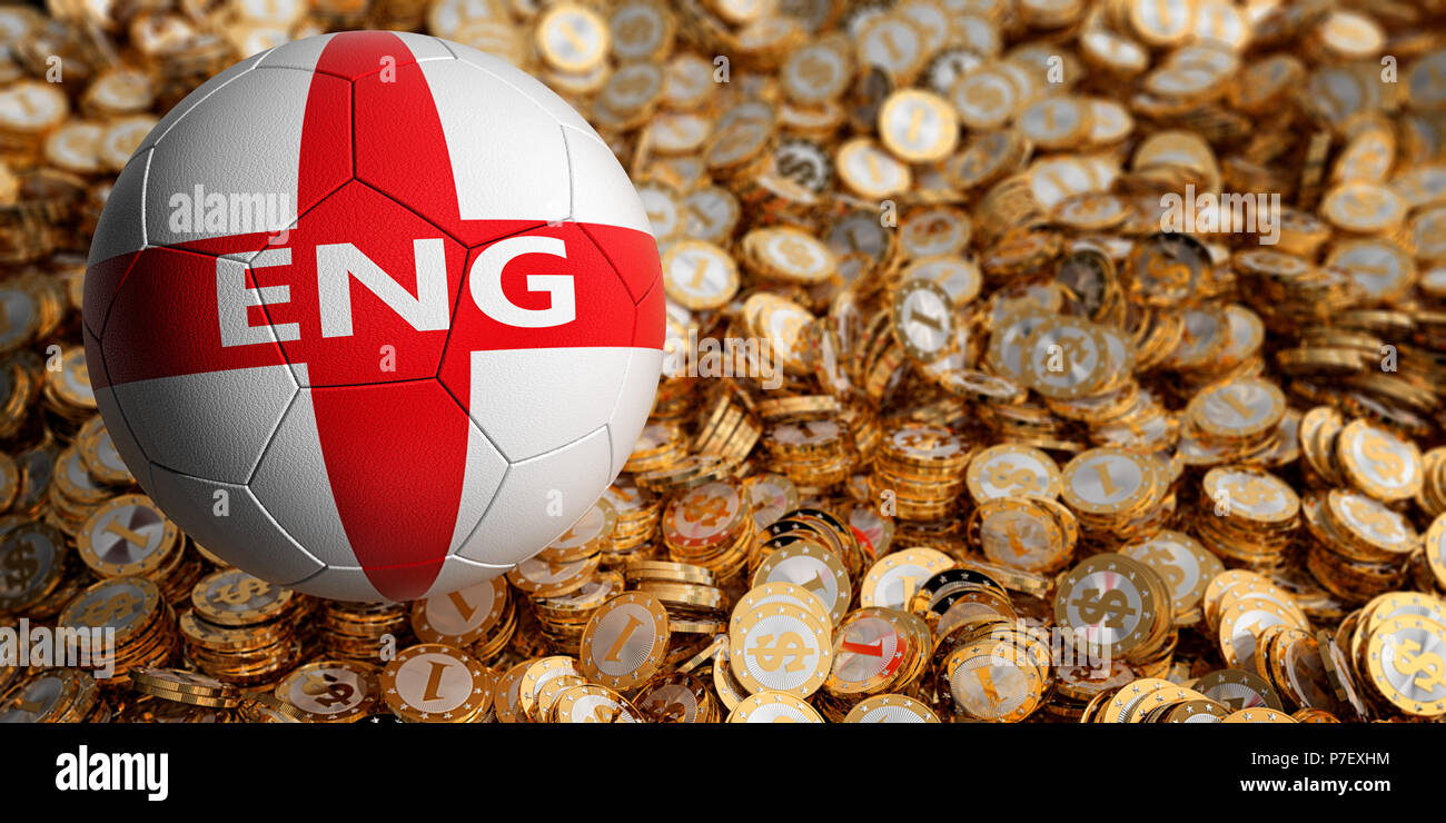 Ballon de soccer dans englands couleurs nationales sur des pièces d'or Banque D'Images