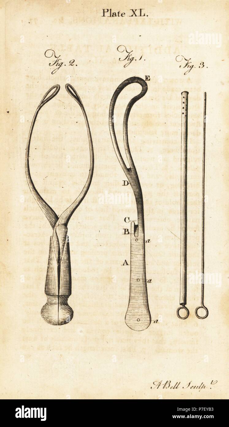 Smellie's instruments chirurgicaux utilisés pour aider à l'accouchement par forceps courbé : court et le cathéter. La gravure sur cuivre par Andrew Bell après une illustration par Jan van Rymsdyk de William Smellie est un ensemble de tables anatomiques, Charles Elliot, Édimbourg, 1780. Banque D'Images