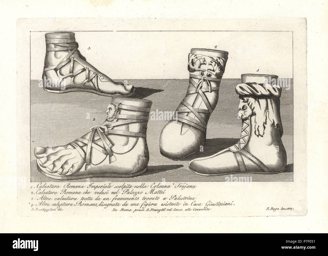 Les chaussures en provenance de l'Empire romain Trajan la colonne 1, Romain  en provenance de la Palazzo Mattei 2, sandale de un fragment trouvé à  Palestrina 3, et une sandale de Romain
