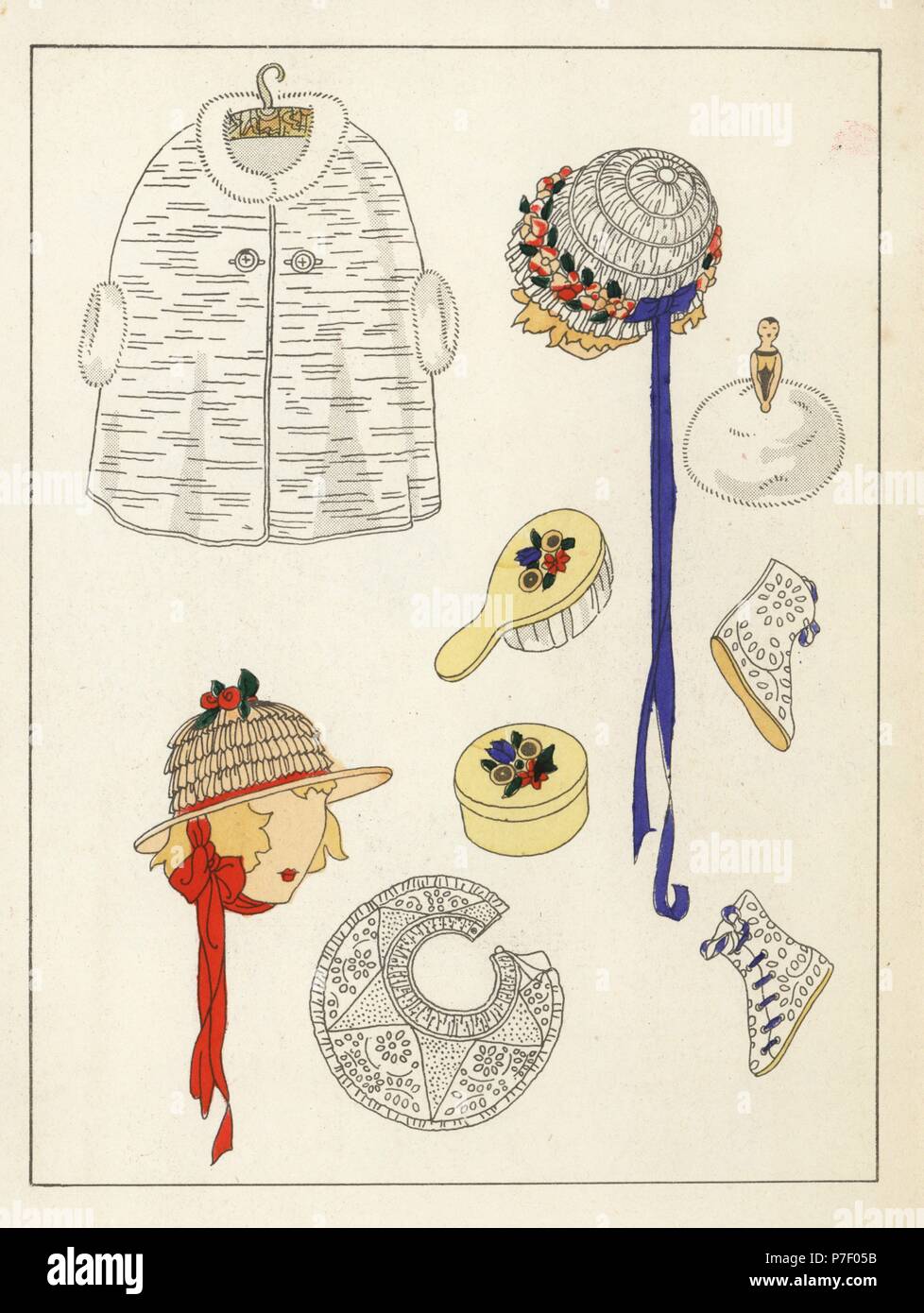 Chapeaux pour enfants, chaussons, visière, le pinceau et la cape de fourrure garniture. Coloriée pochoir (stencil) lithographie du magazine de mode de luxe français Art, la goutte, Beaute, 1923. Banque D'Images