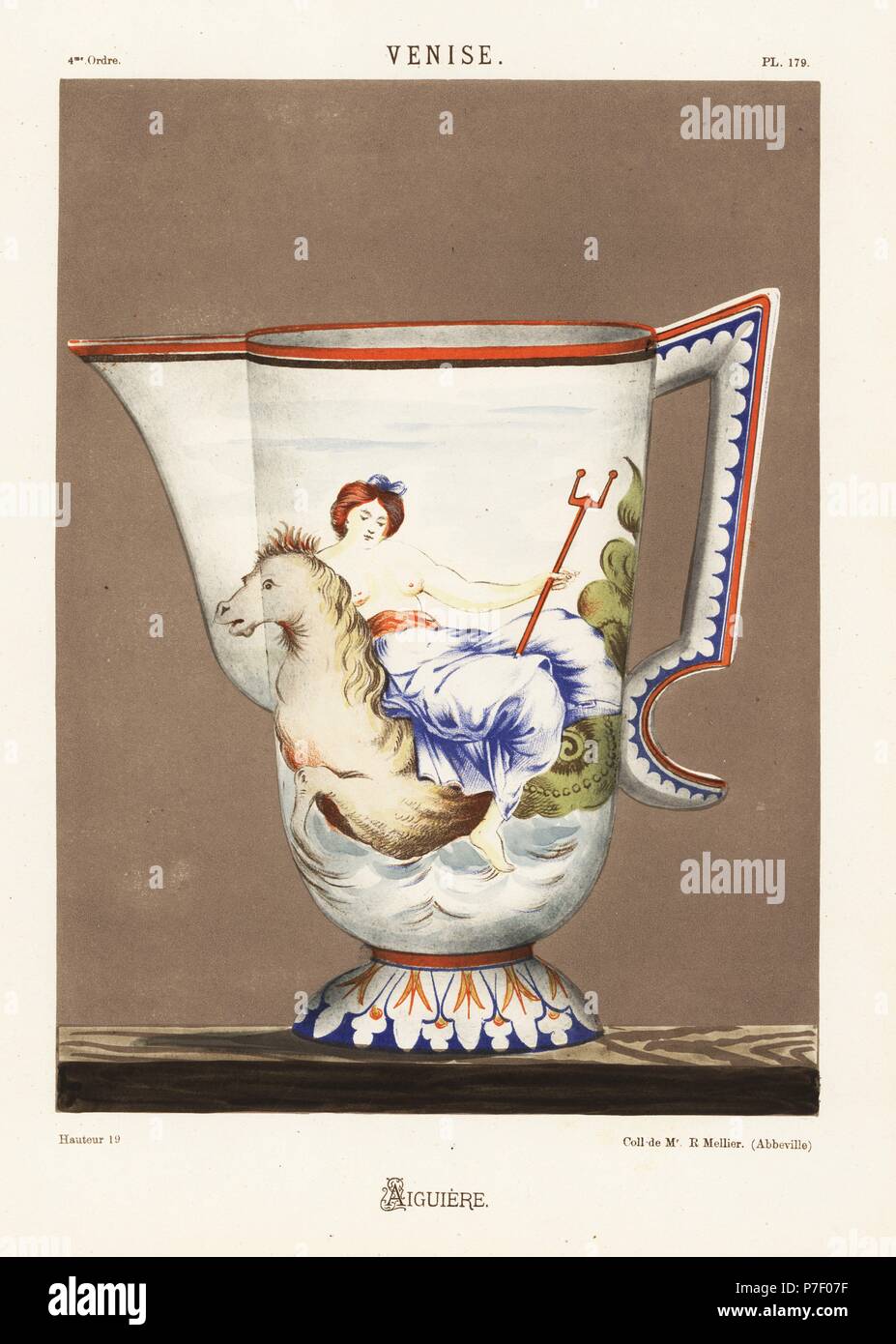 Aiguière pichet ou de Venise, Italie, avec vue sur la mer équitation nymphe une chimère avec un corps de cheval et queue de serpent. Fini à la main chromolithographie de Ris Paquot général de l'histoire de l'ancienne poterie vernissée, français et étrangers, chez l'auteur, Paris, 1874. Banque D'Images