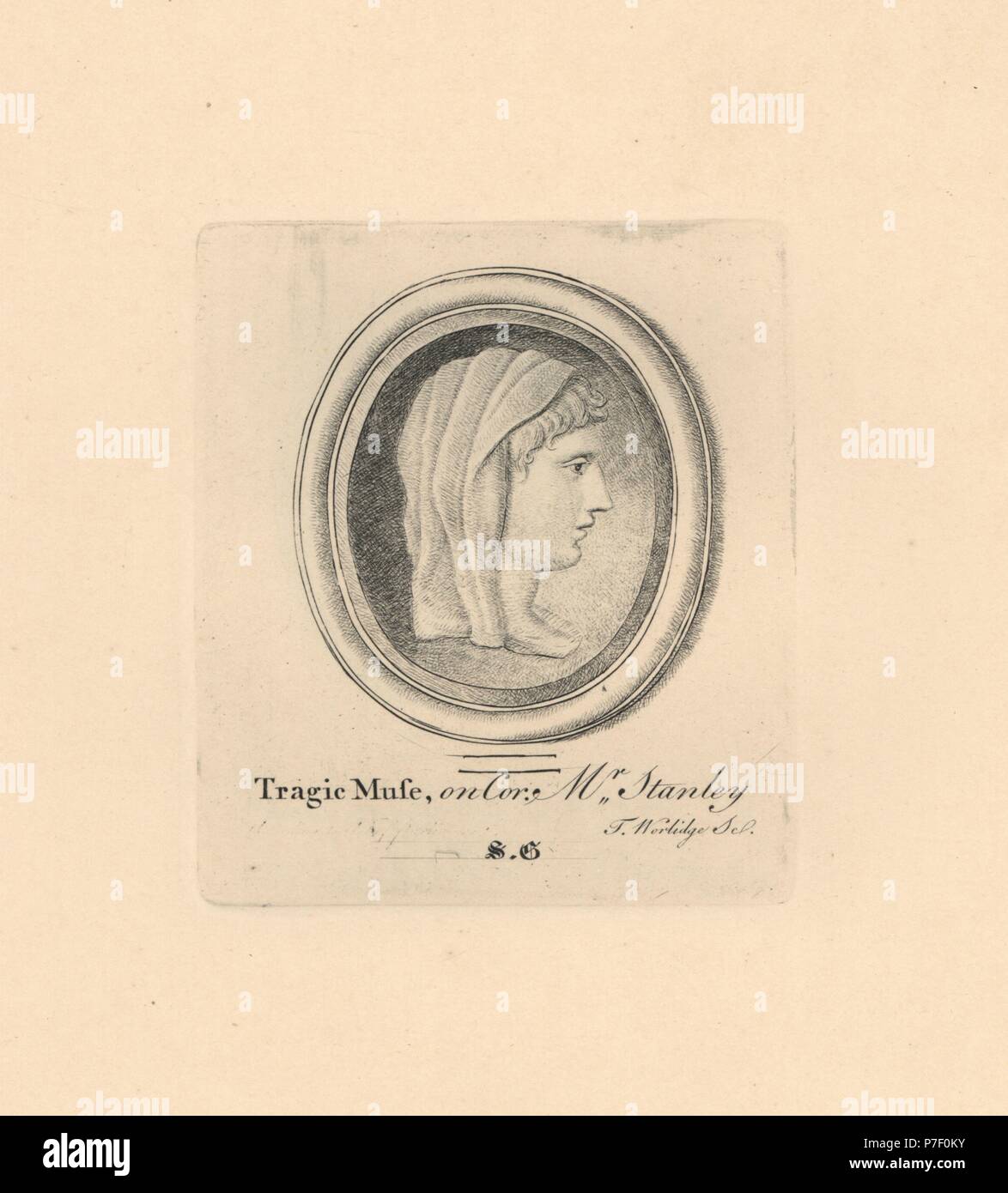 Portrait de la Muse tragique, Melpomene, la mythologie grecque, sur cornaline de M. Stanley's collection. La gravure sur cuivre par Minerve éclairant de James Vallentin's cent huit gravures de pierres antiques, 1863. Banque D'Images