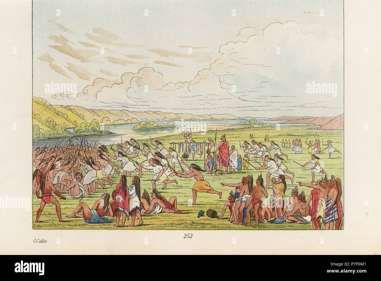 Sioux Dakota ou femmes jouant le jeu de boule avec des bâtons (semblable à la crosse ou le hockey), tandis que les hommes regardent et rient. Lithographie coloriée de George Catlin's Manners, les douanes et l'état des Indiens d'Amérique du Nord, Londres, 1841. Banque D'Images