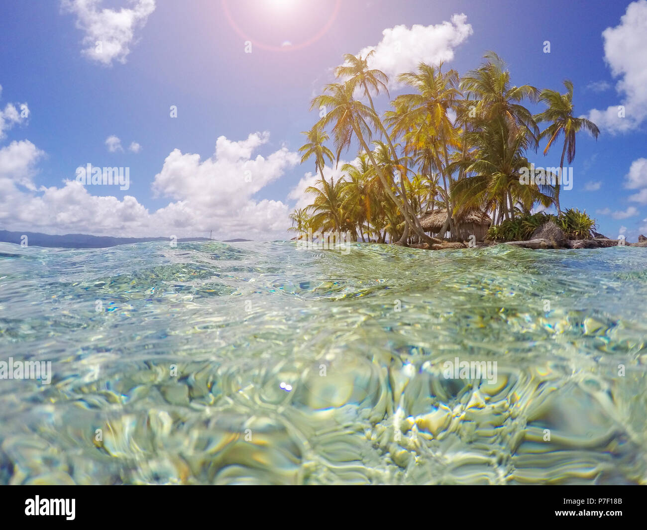 Petite île tropicale avec palmiers - paradis de vacances d'été Banque D'Images