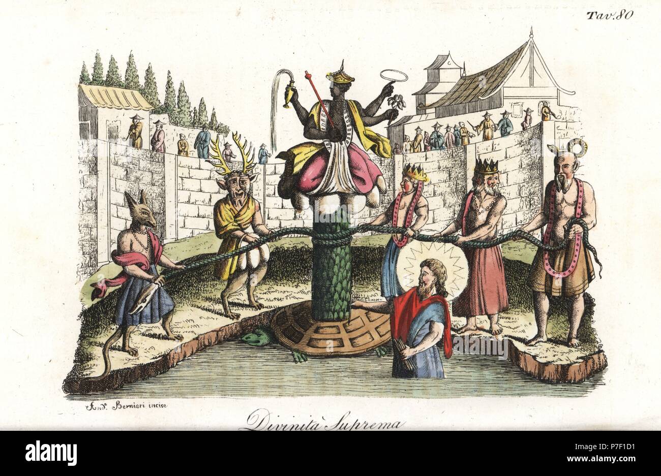 Cour suprême japonaise divinités, y compris quatre bras dieu sur un pilier sur une tortue, serpent, dieu dieux avec chien et têtes de chevreuil, etc. coloriée à la gravure sur cuivre par Andrea Bernieri de Giulio Ferrrario Costumes d'Antique et de moderne de tous les peuples (Il Costume Antico e Moderno di tutti i Popoli), Florence, 1842. Banque D'Images