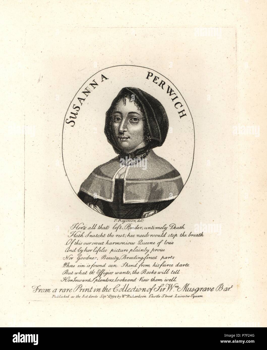 Susanna Perwich, musicien, compositeur et joueur de viole, lutist, danseuse, est mort en 1661. La gravure sur cuivre après une illustration par P. Rogerson de William Richardson illustrant les portraits biographiques de Granger's history of England, Londres, 1792-1812. James Granger (1723-1776) était un pasteur anglais, biographe, et imprimer collecteur. Banque D'Images