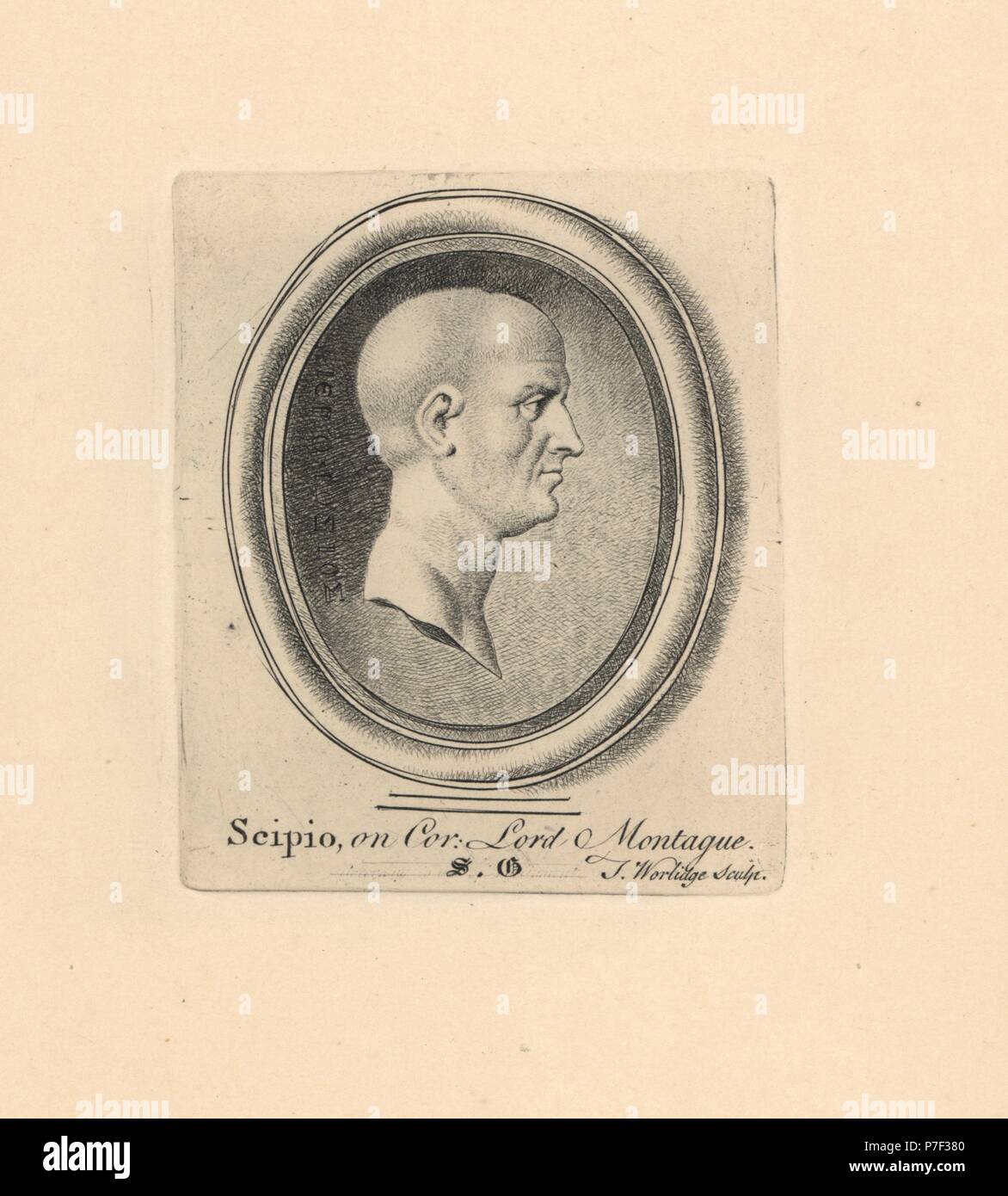 Portrait de Scipio africanus, général romain, d'un bijou gravé sur cornaline dans la collection de Lord Montague. La gravure sur cuivre par Minerve éclairant de James Vallentin's cent huit gravures de pierres antiques, 1863. Banque D'Images