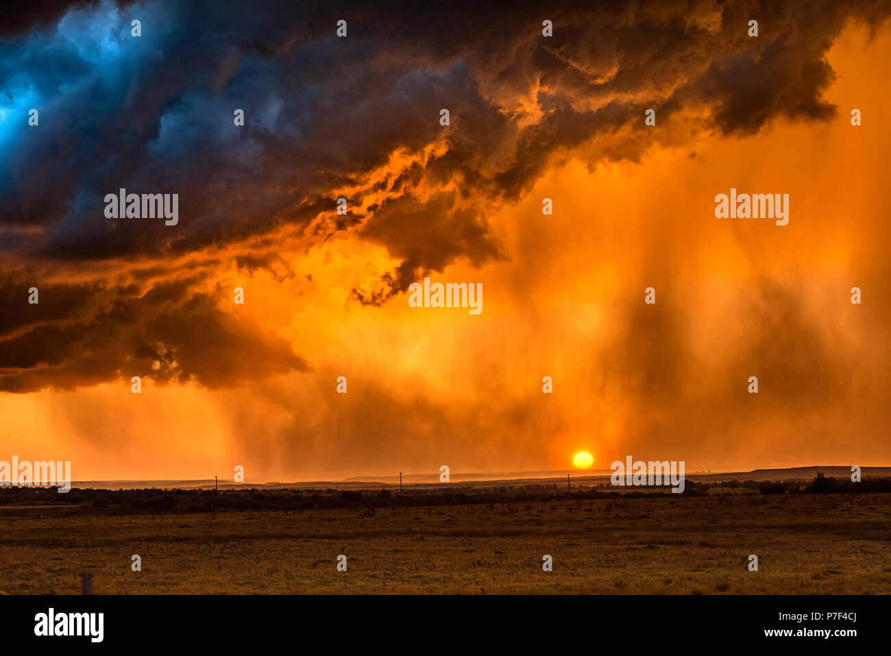 La pluie torrentielle pendant un orage encadrée par un bas, coucher du soleil orange tourné dans les Grandes Plaines Tornado Alley, Roswell, Nouveau Mexique. Banque D'Images