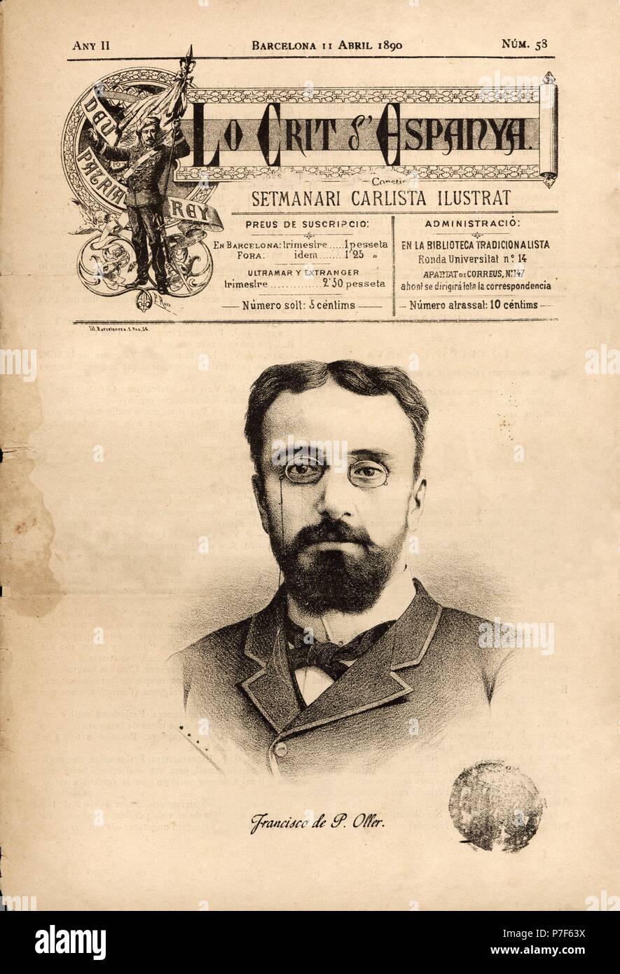 Portada del Semanario carlista 'Lo crit d'Espanya', fundado por Francisco de Paula Oller (1850-1940), escritor y militar carlista, editado en Barcelona, 11 avril 1890. Banque D'Images