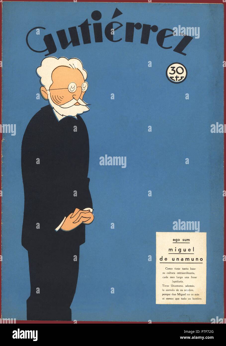 Portada de la revista satírica Gutiérrez. Caricatura de Miguel de Unamuno Jugo (1864-1936), escritor y filósofo español. Año 1934. Dibujo de K-Hito. Banque D'Images