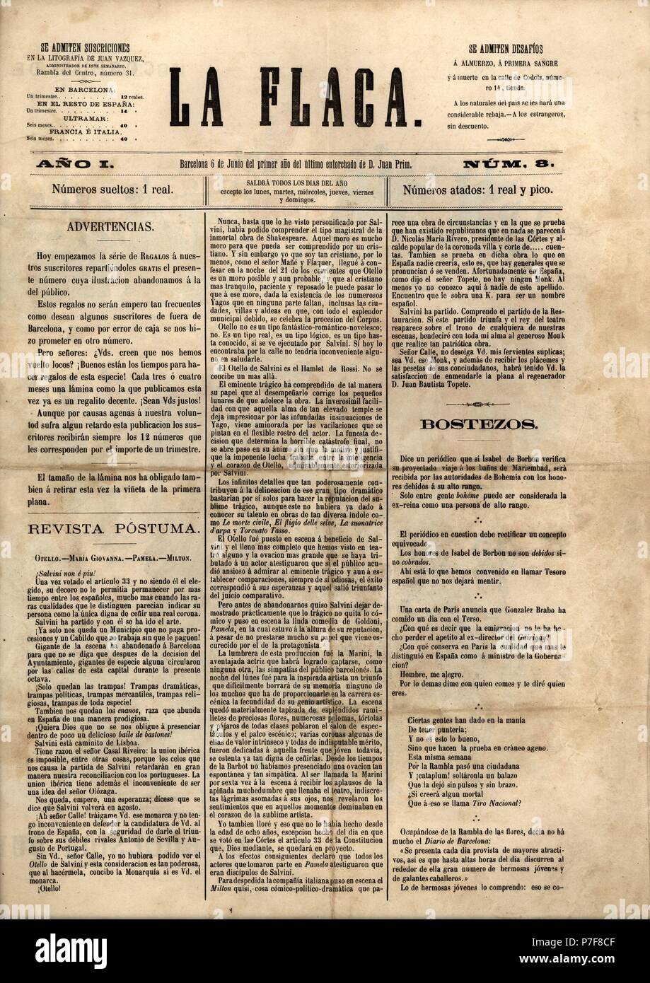 Portada de la revista satírica La Flaca, editada en Barcelone, juin 1869. Banque D'Images